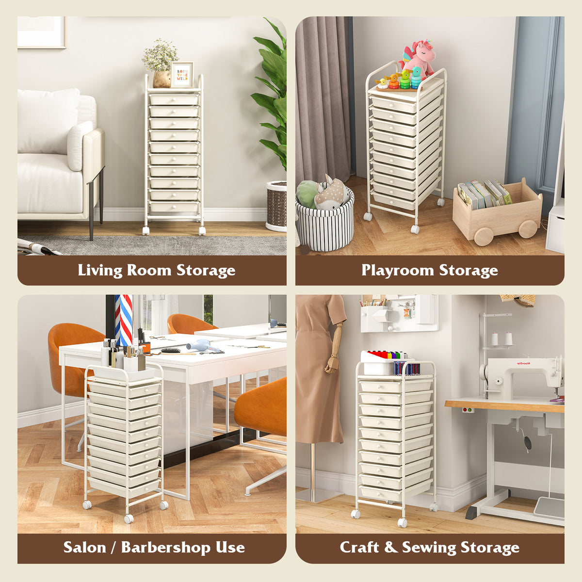 10 Drawer Rolling Storage Cart Organizer with 4 Universal Casters