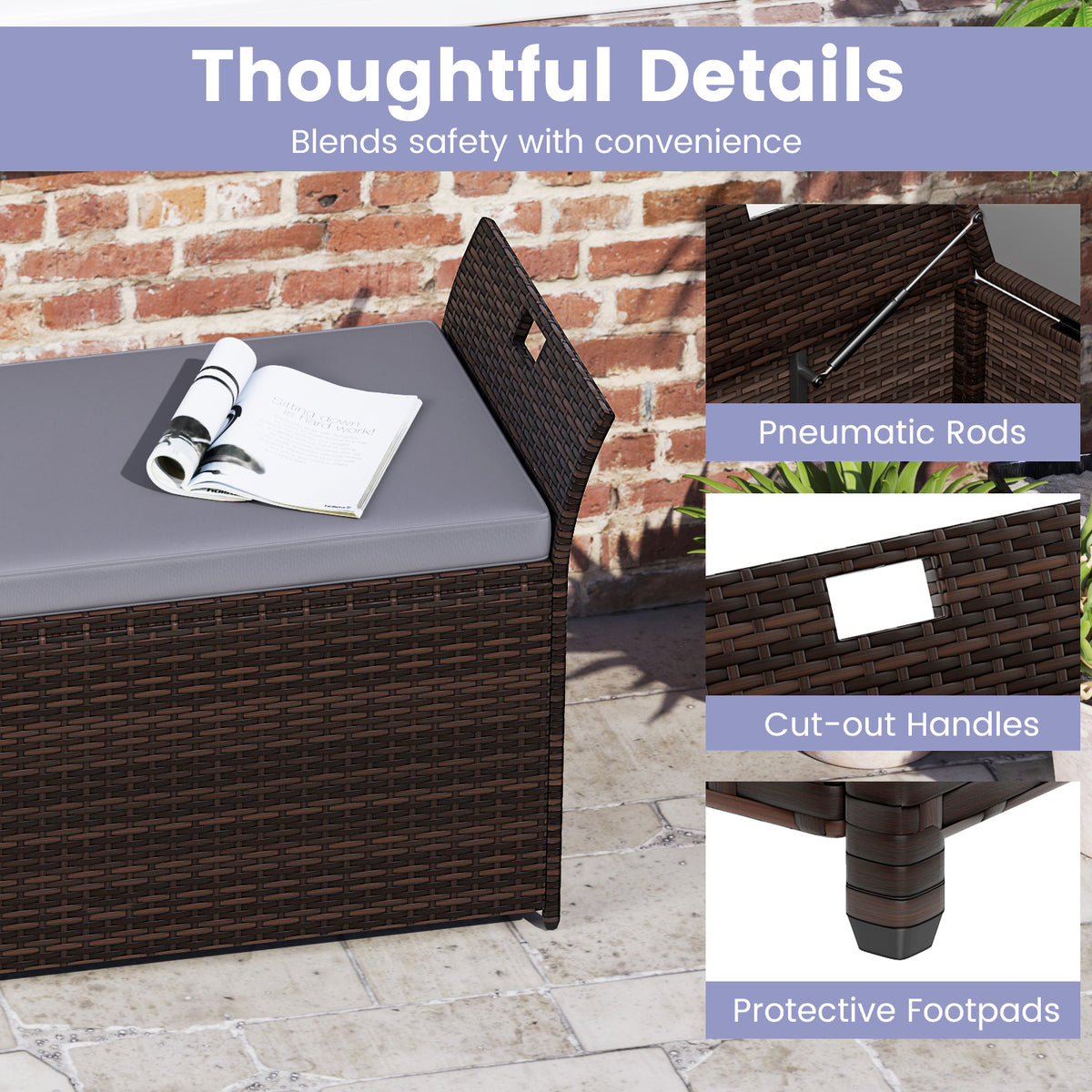 Outdoor Bench with Hand-woven PE Rattan Wicker and Side Handles