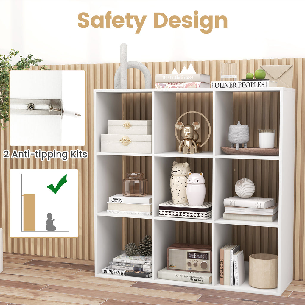 9 Cube Bookshelf with Back Guardrail - White