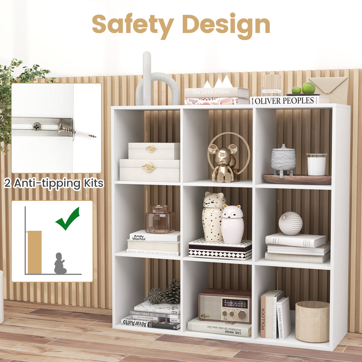 9 Cube Bookshelf with Back Guardrail - White