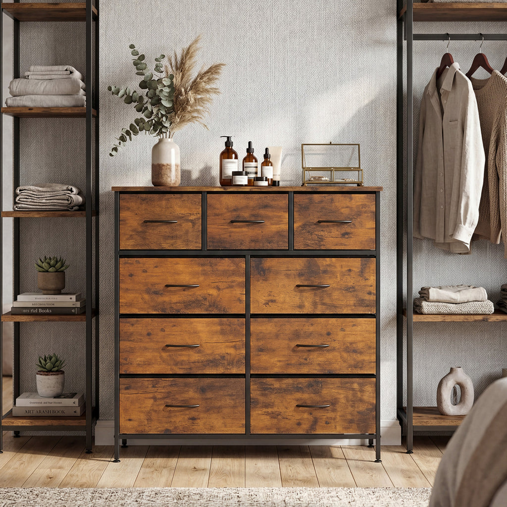 9-Drawer Fabric Dresser with Wooden Top - Rustic Brown