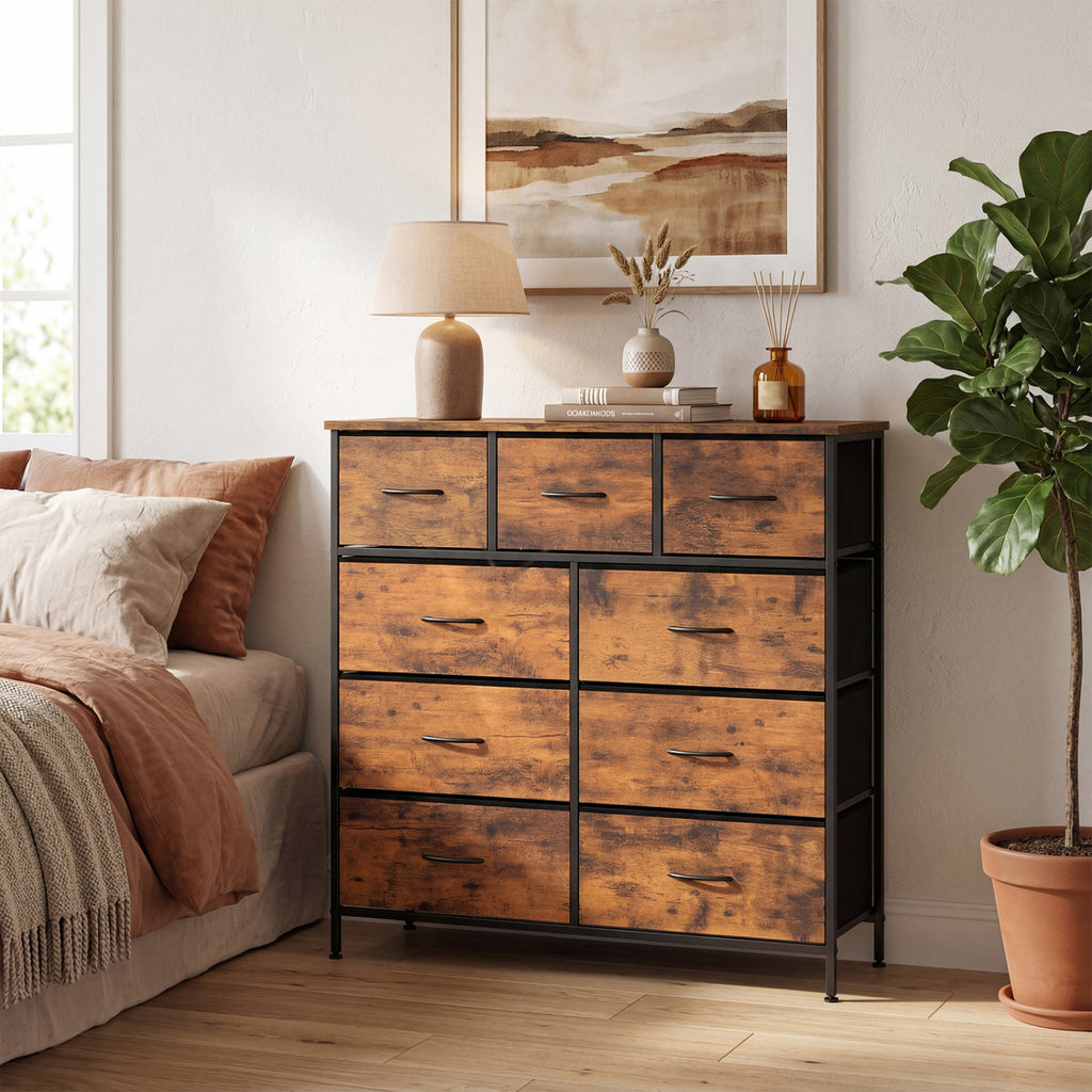 9-Drawer Fabric Dresser with Wooden Top - Rustic Brown