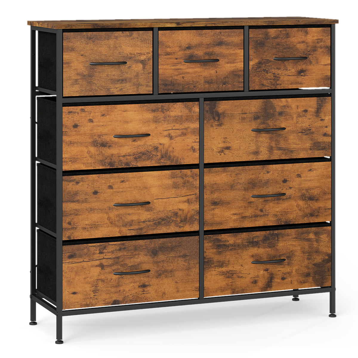 9-Drawer Fabric Dresser with Wooden Top - Rustic Brown