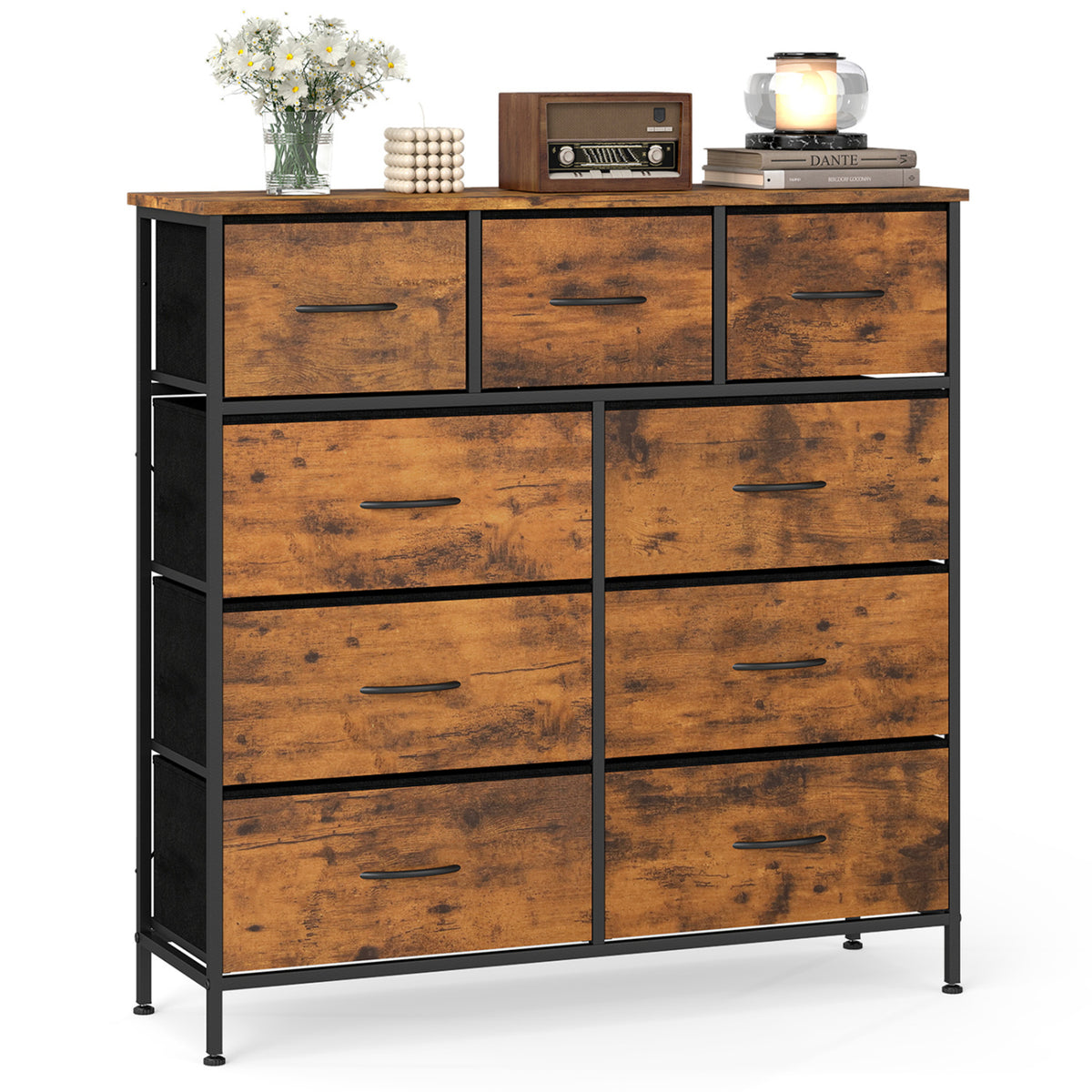 9-Drawer Fabric Dresser with Wooden Top - Rustic Brown