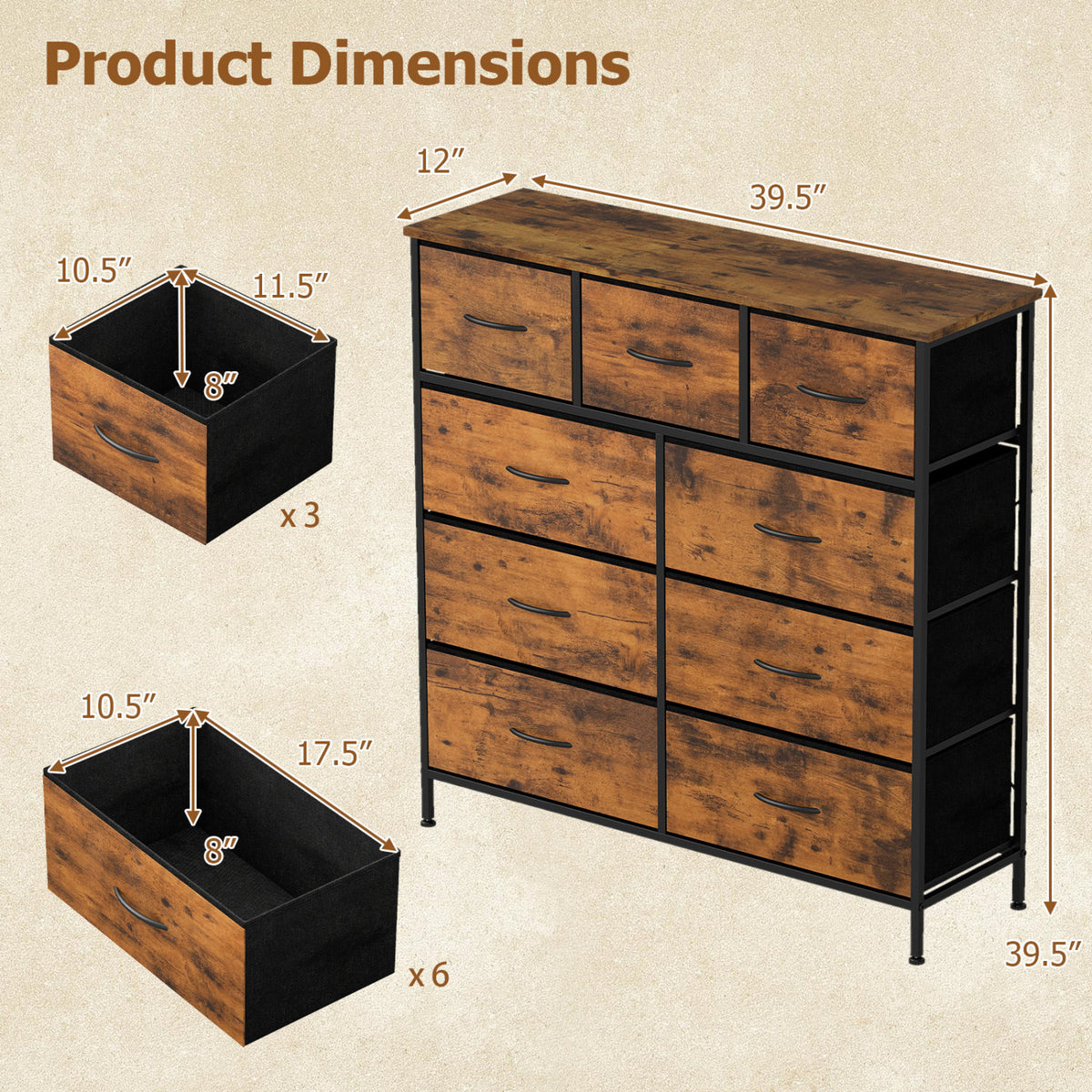 9-Drawer Fabric Dresser with Wooden Top - Rustic Brown