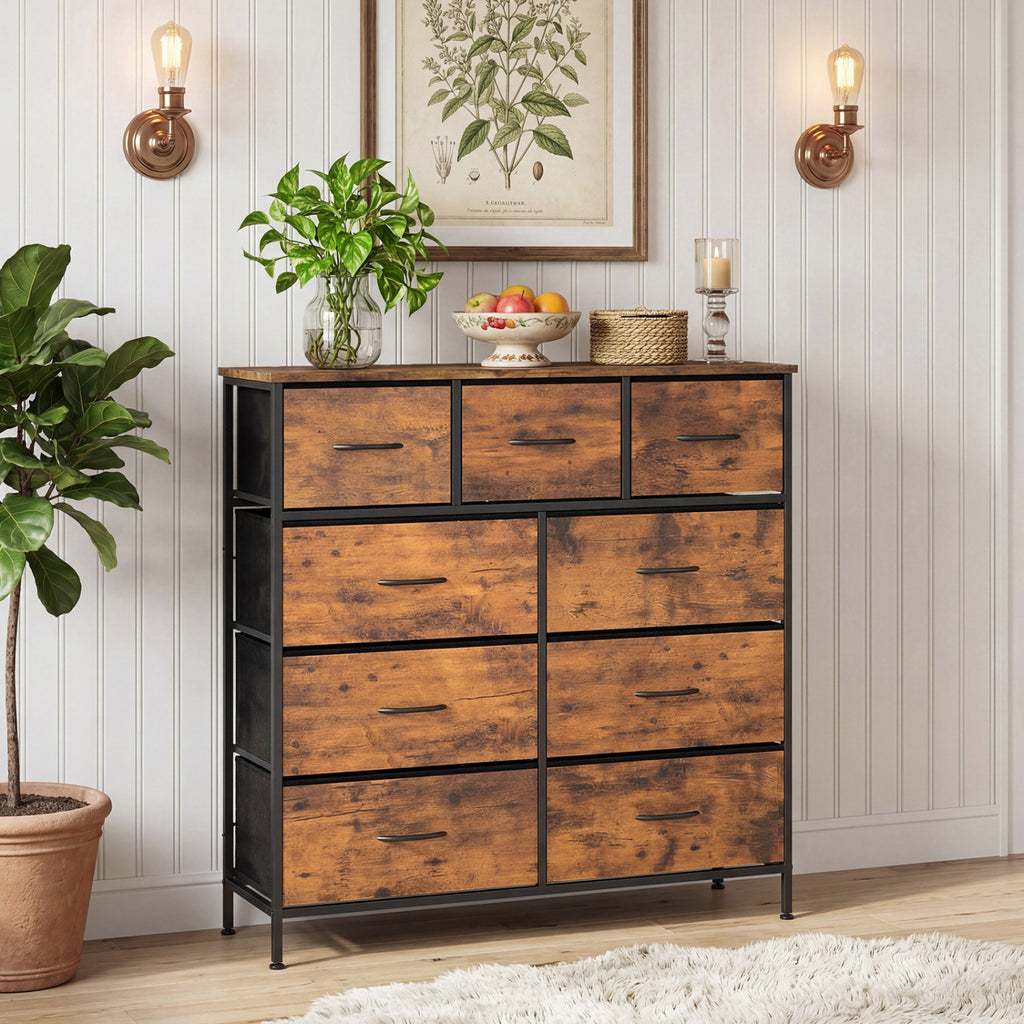9-Drawer Fabric Dresser with Wooden Top - Rustic Brown
