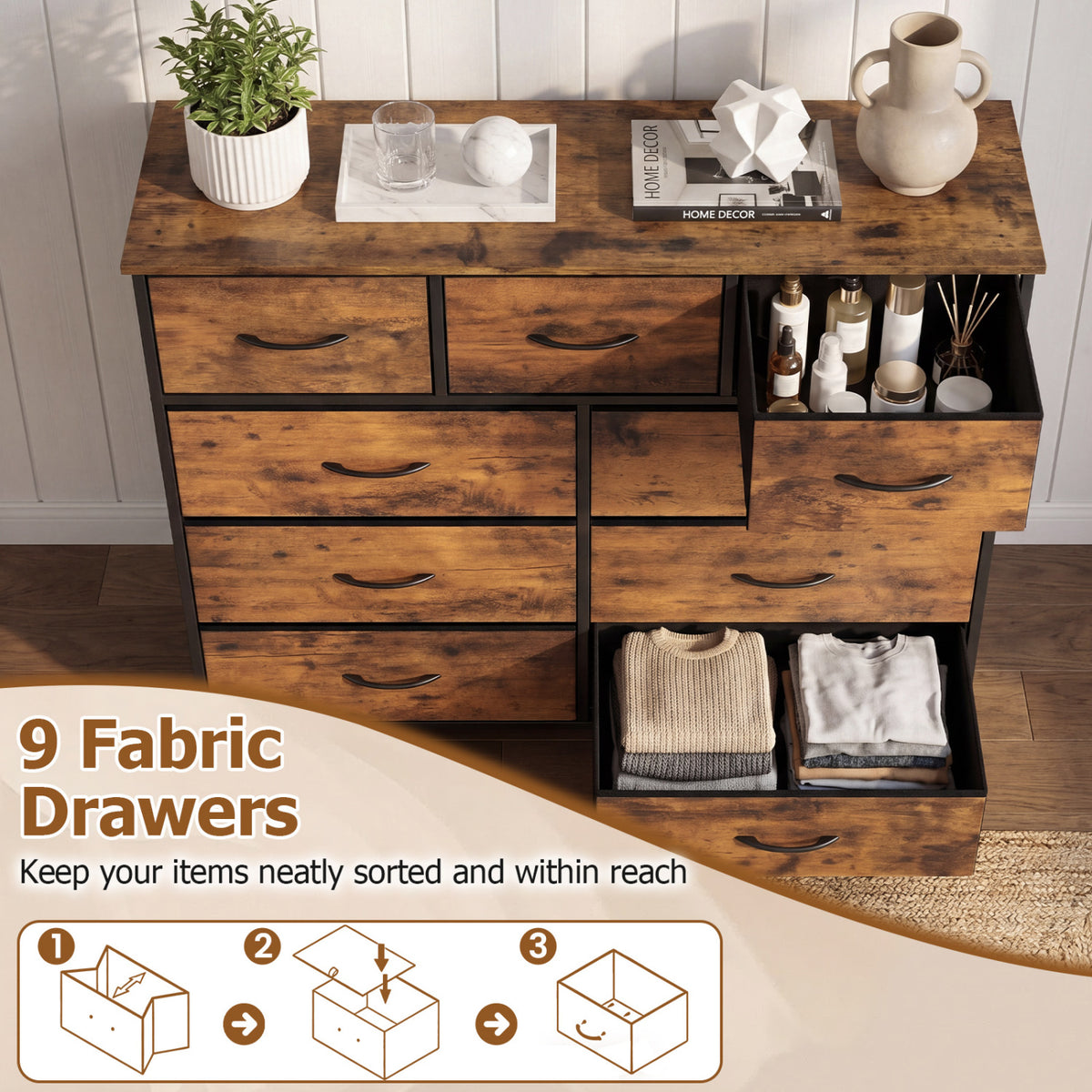9-Drawer Fabric Dresser with Wooden Top - Rustic Brown