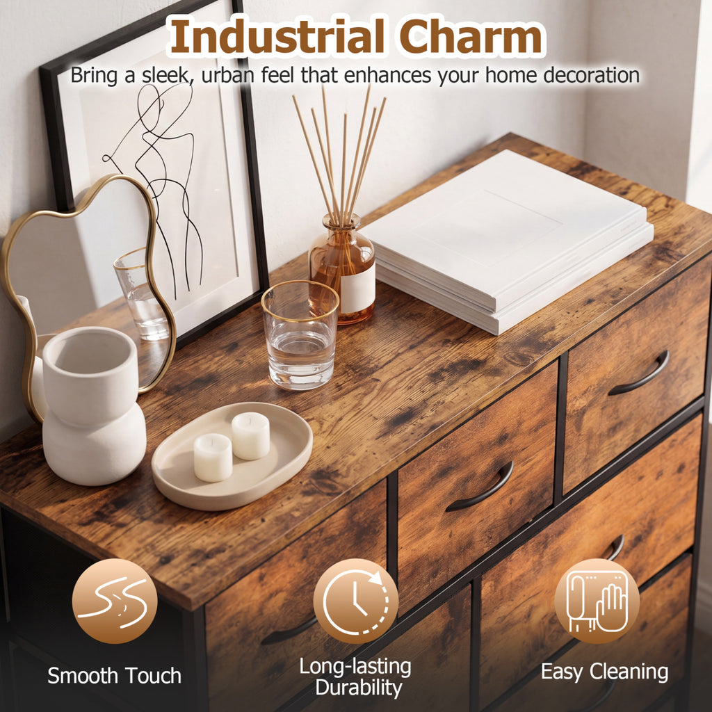 9-Drawer Fabric Dresser with Wooden Top - Rustic Brown
