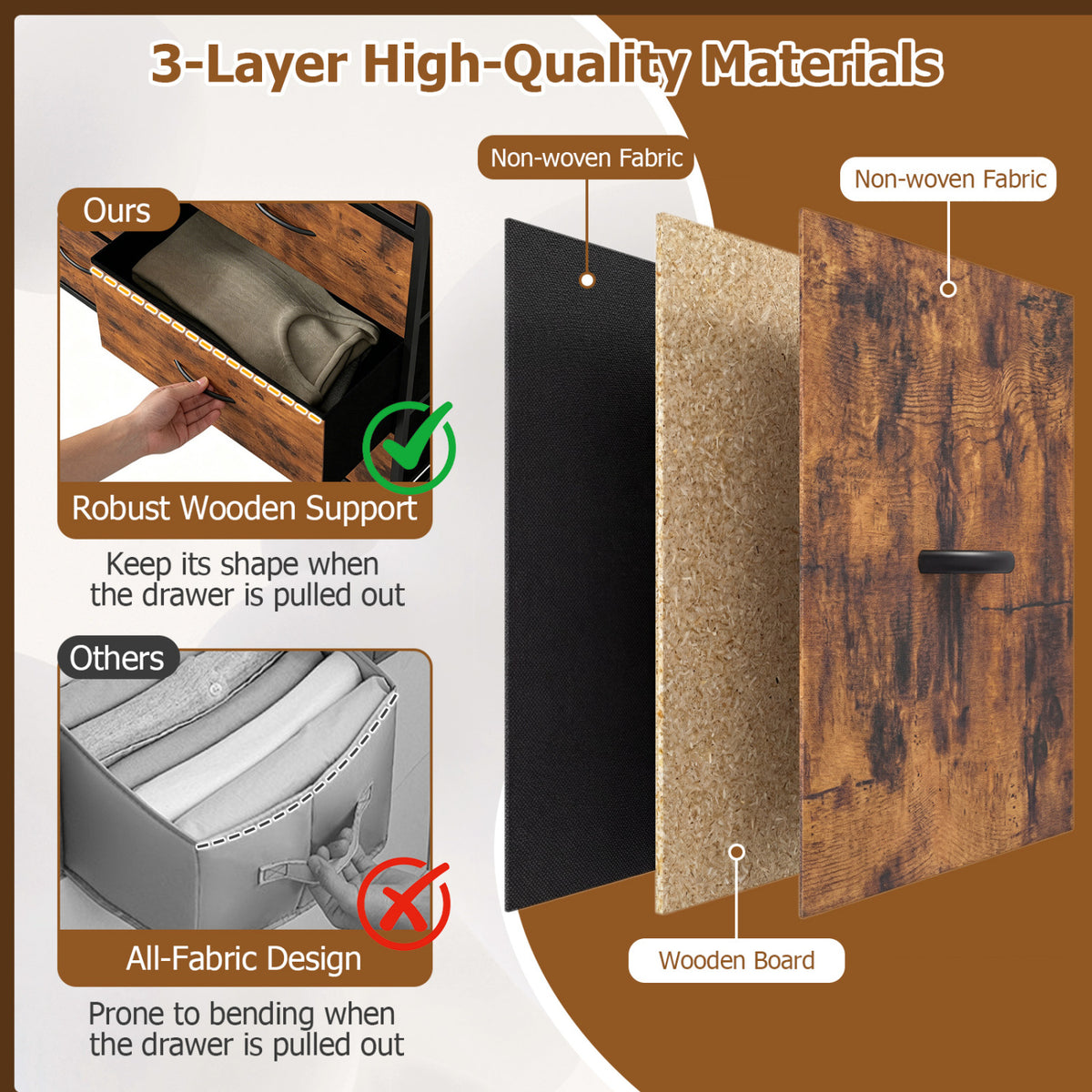 9-Drawer Fabric Dresser with Wooden Top - Rustic Brown