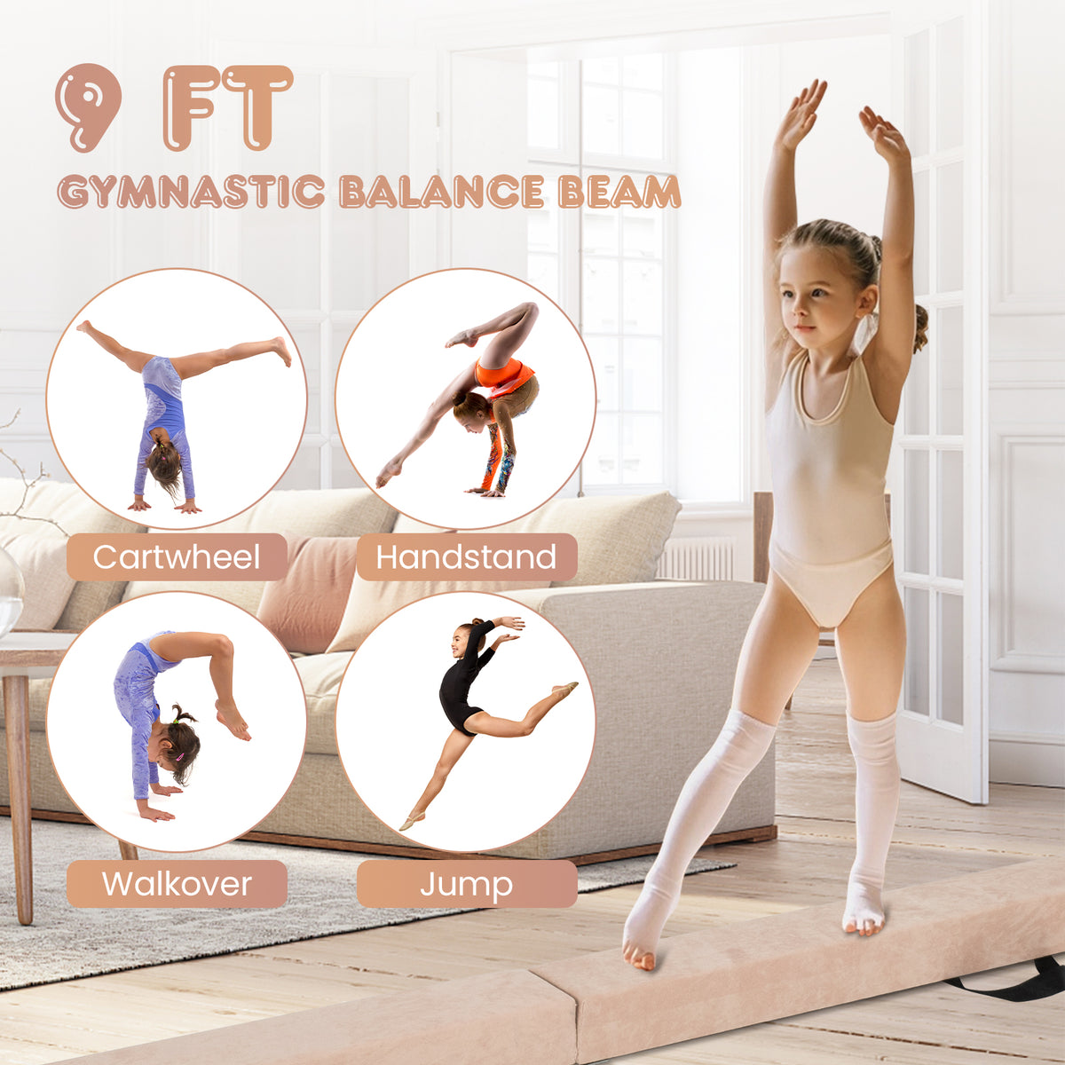 Folding Gymnastics Balance Beam with Anti-Slip Base, Pine Wood Frame - Brown Variation