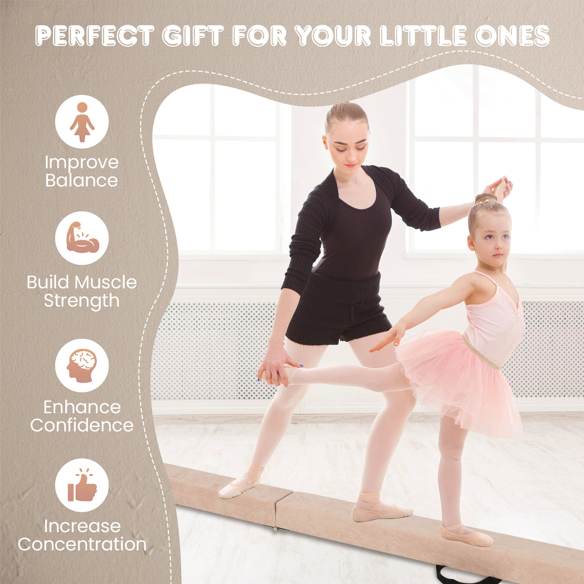Folding Gymnastics Balance Beam with Anti-Slip Base, Pine Wood Frame - Brown Variation