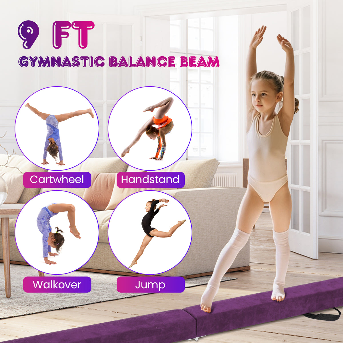 Purple Folding Gymnastics Balance Beam with Anti-Slip Base and Pine Frame - 9 FT