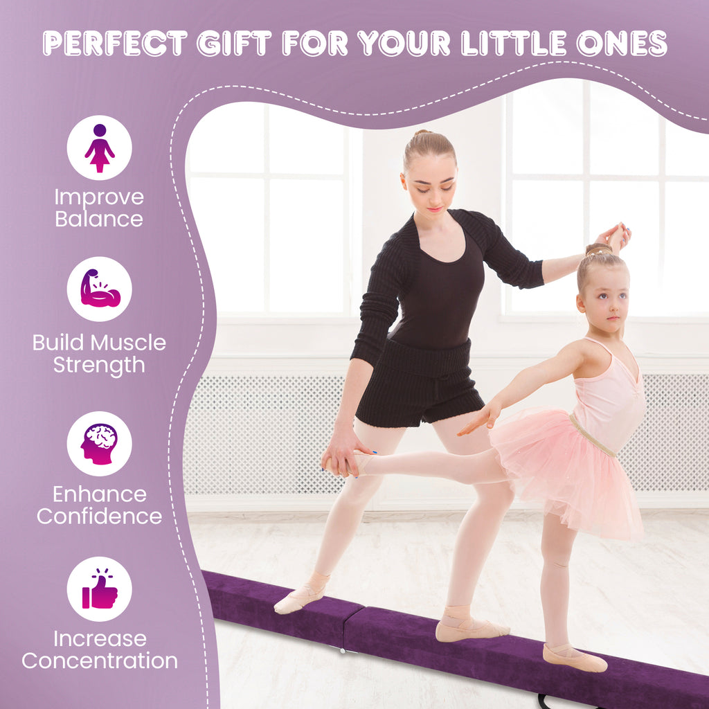 Purple Folding Gymnastics Balance Beam with Anti-Slip Base and Pine Frame - 9 FT