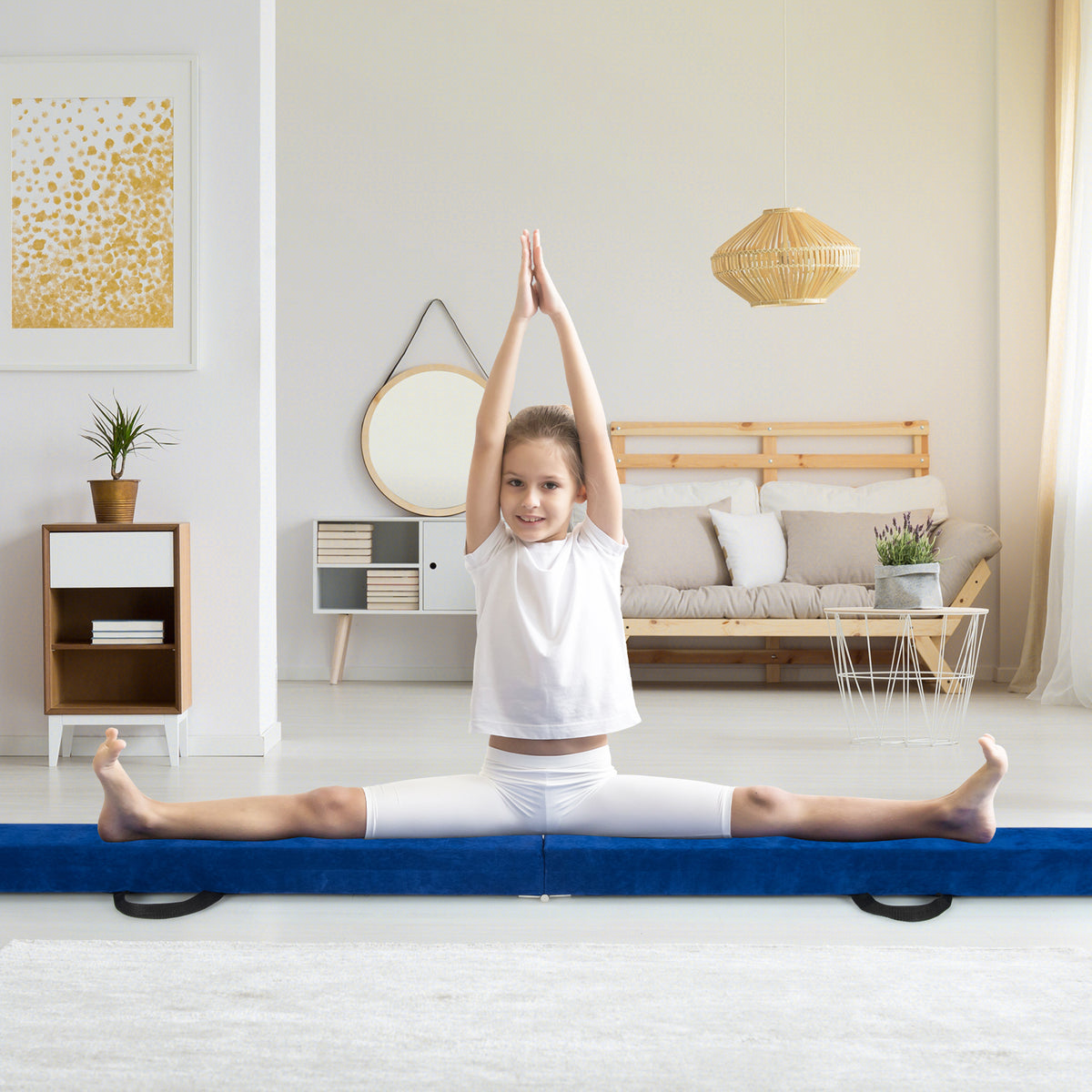 Blue Folding Gymnastics Balance Beam with Anti-Slip Base and Pine Frame - 9 FT