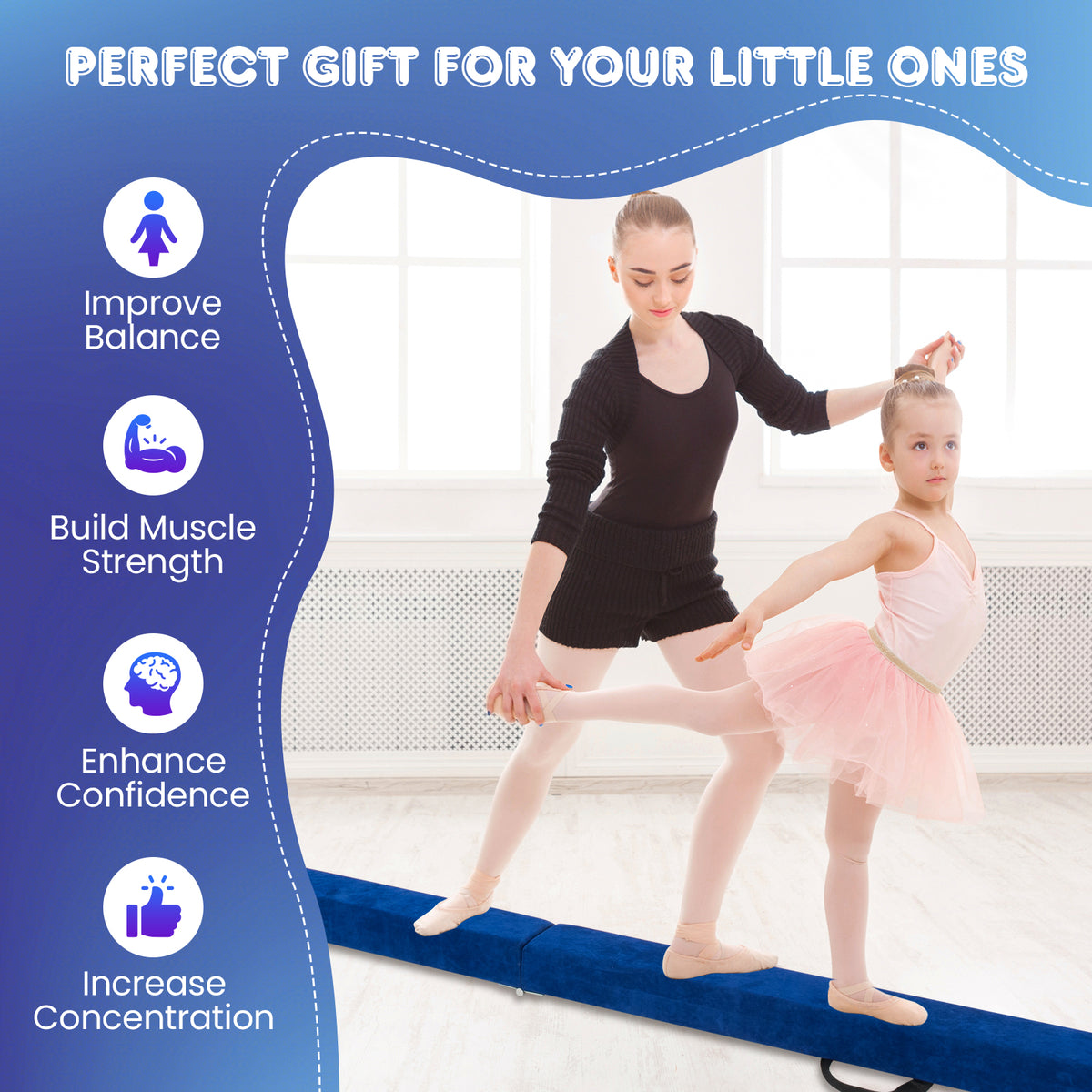 Blue Folding Gymnastics Balance Beam with Anti-Slip Base and Pine Frame - 9 FT