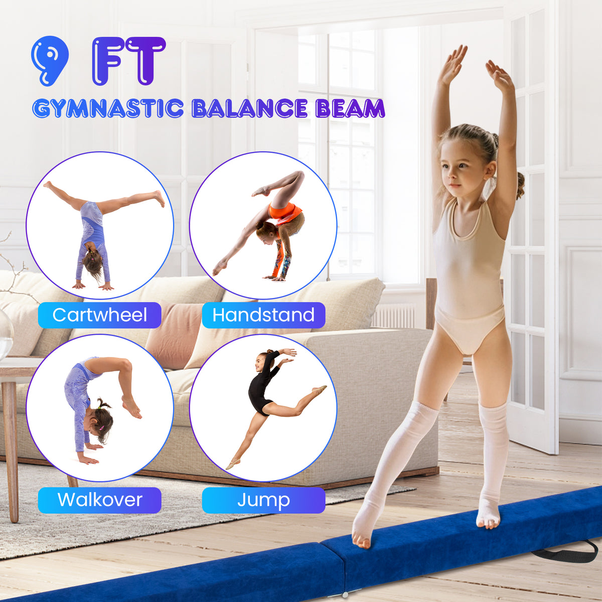 Blue Folding Gymnastics Balance Beam with Anti-Slip Base and Pine Frame - 9 FT