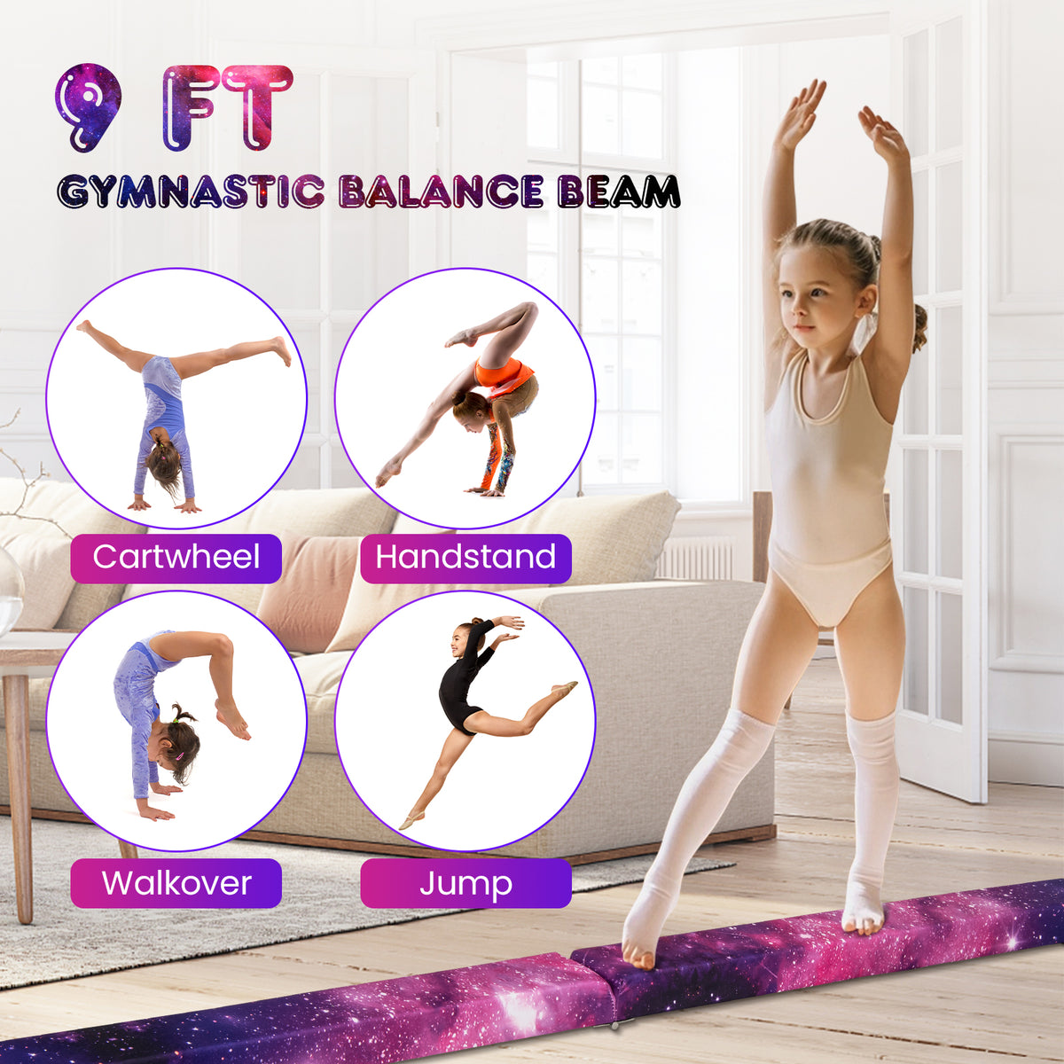 Folding Gymnastics Balance Beam - Multicolor, 9 Ft with Non-Slip Base & Pine Frame