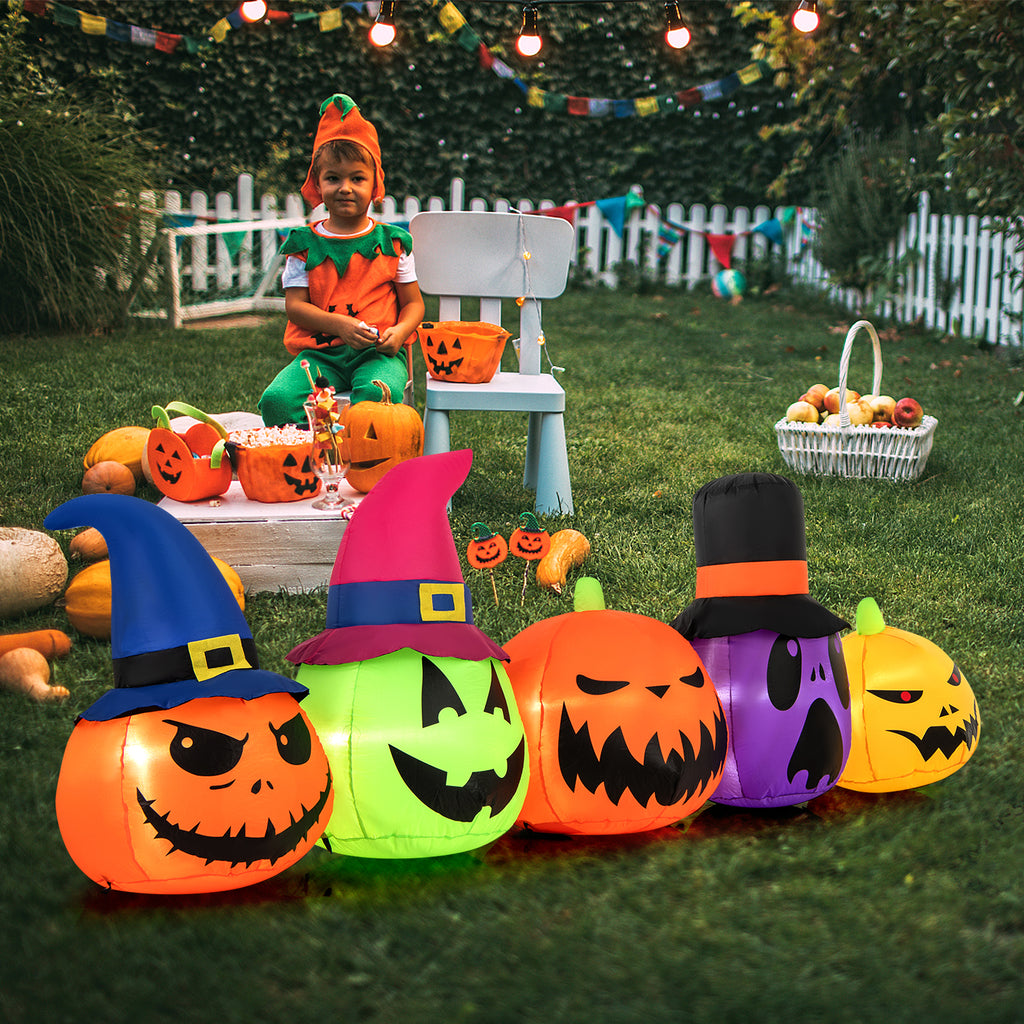 Inflatable Pumpkin Patch Family with LED Lights and Witch Hats - 5 Pumpkins Variation