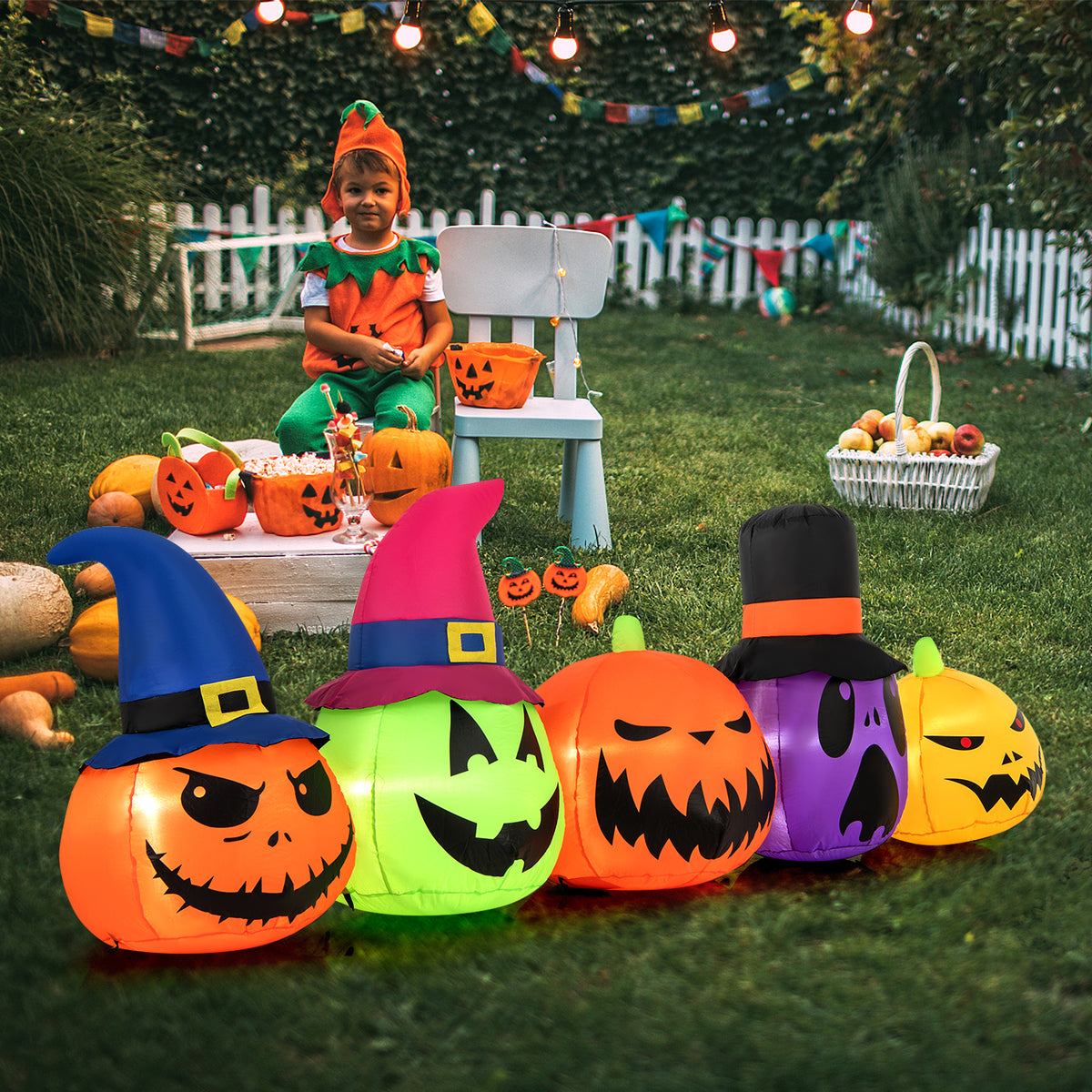 Inflatable Pumpkin Patch Family with LED Lights and Witch Hats - 5 Pumpkins Variation