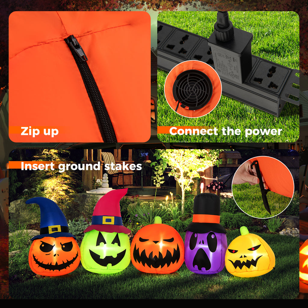 Inflatable Pumpkin Patch Family with LED Lights and Witch Hats - 5 Pumpkins Variation