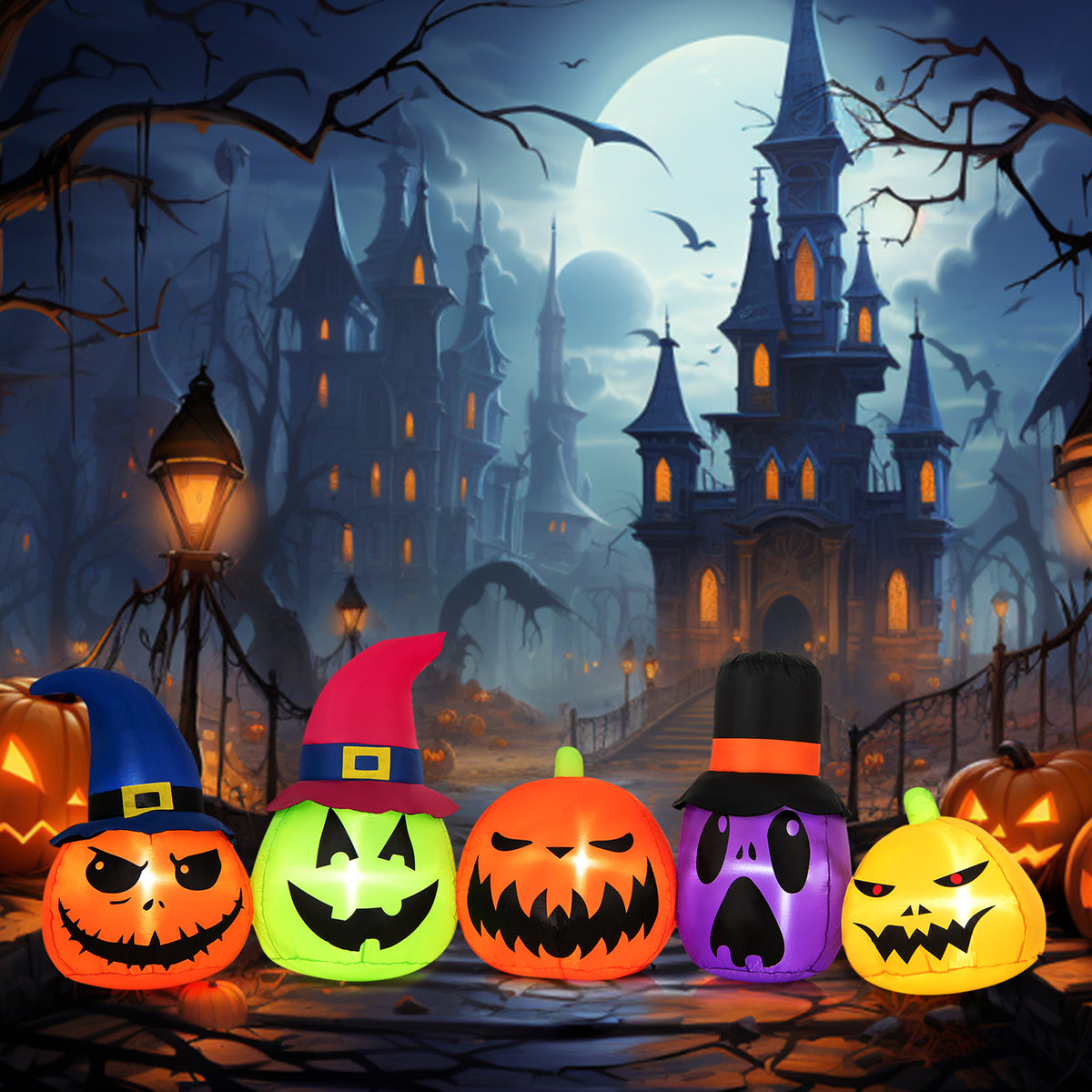 Inflatable Pumpkin Patch Family with LED Lights and Witch Hats - 5 Pumpkins Variation