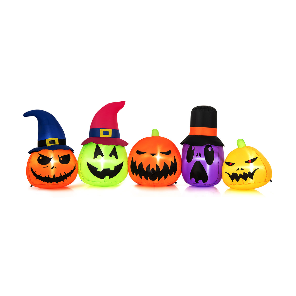 Inflatable Pumpkin Patch Family with LED Lights and Witch Hats - 5 Pumpkins Variation