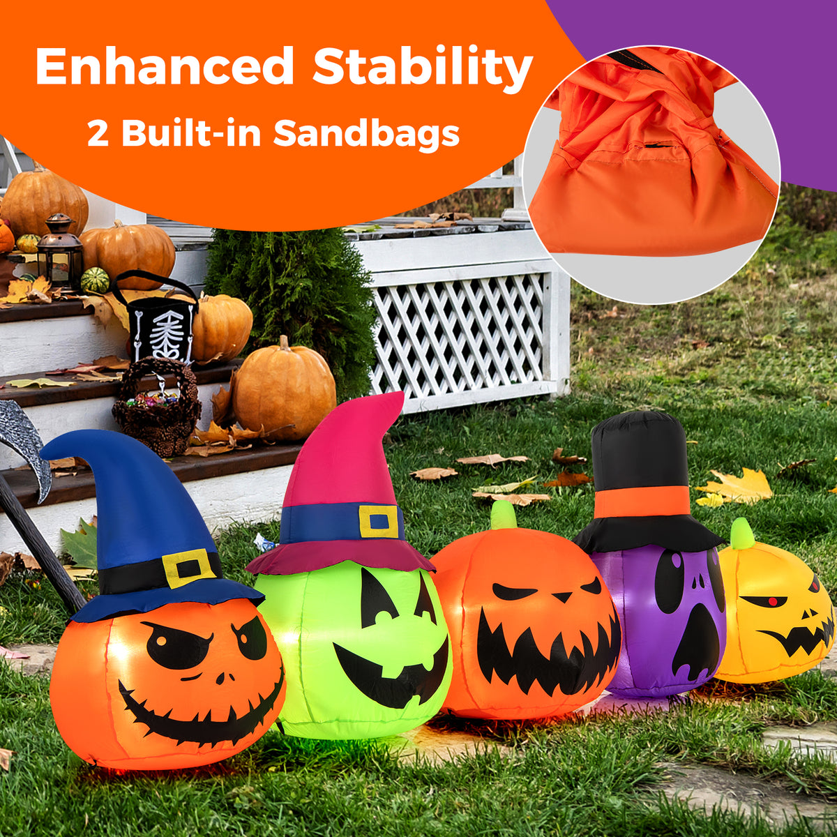 Inflatable Pumpkin Patch Family with LED Lights and Witch Hats - 5 Pumpkins Variation