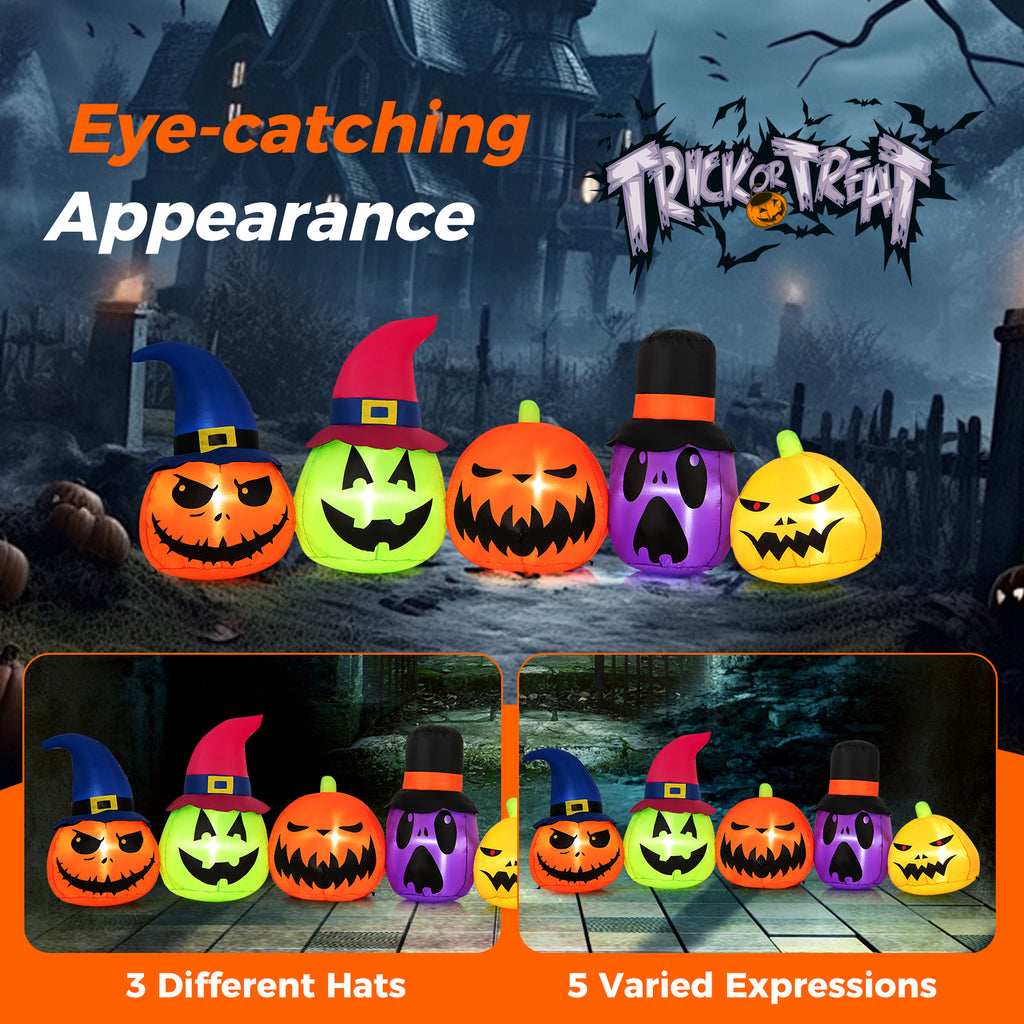 Inflatable Pumpkin Patch Family with LED Lights and Witch Hats - 5 Pumpkins Variation