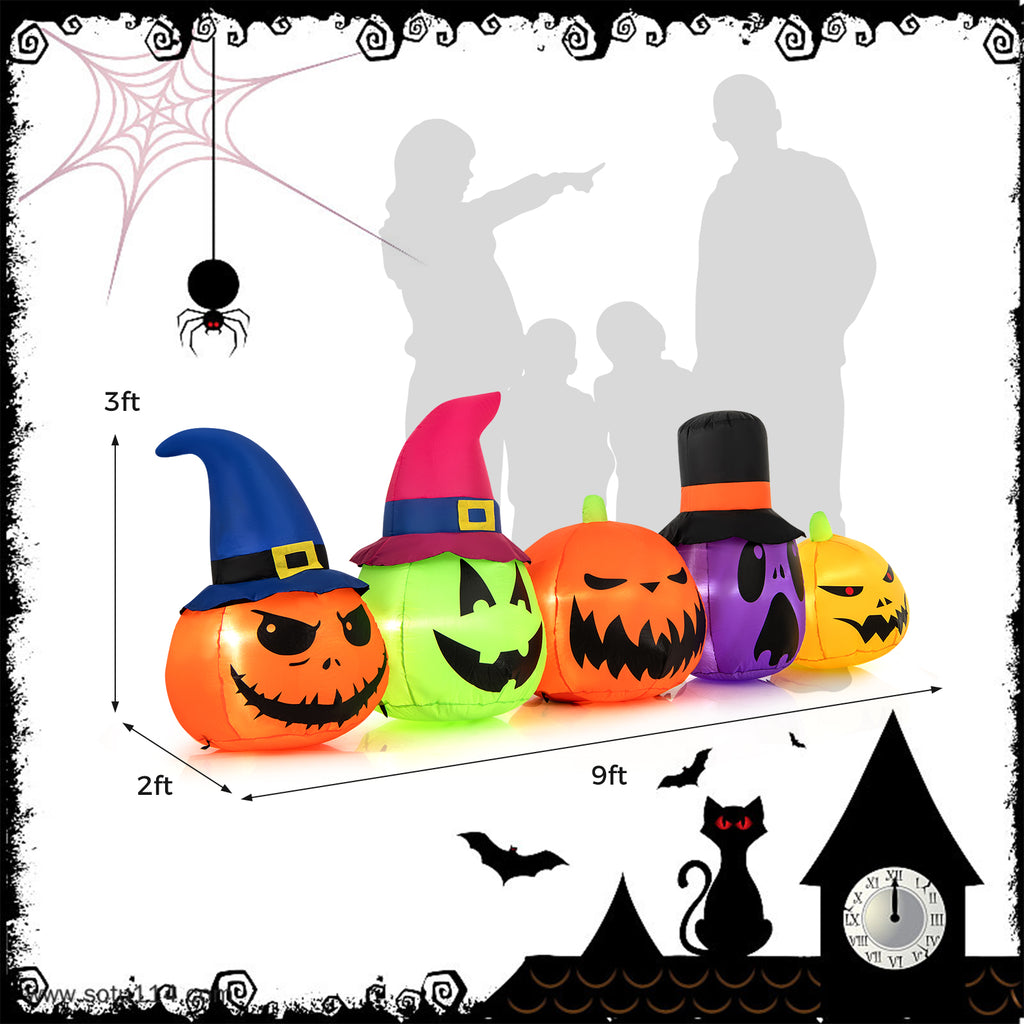 Inflatable Pumpkin Patch Family with LED Lights and Witch Hats - 5 Pumpkins Variation