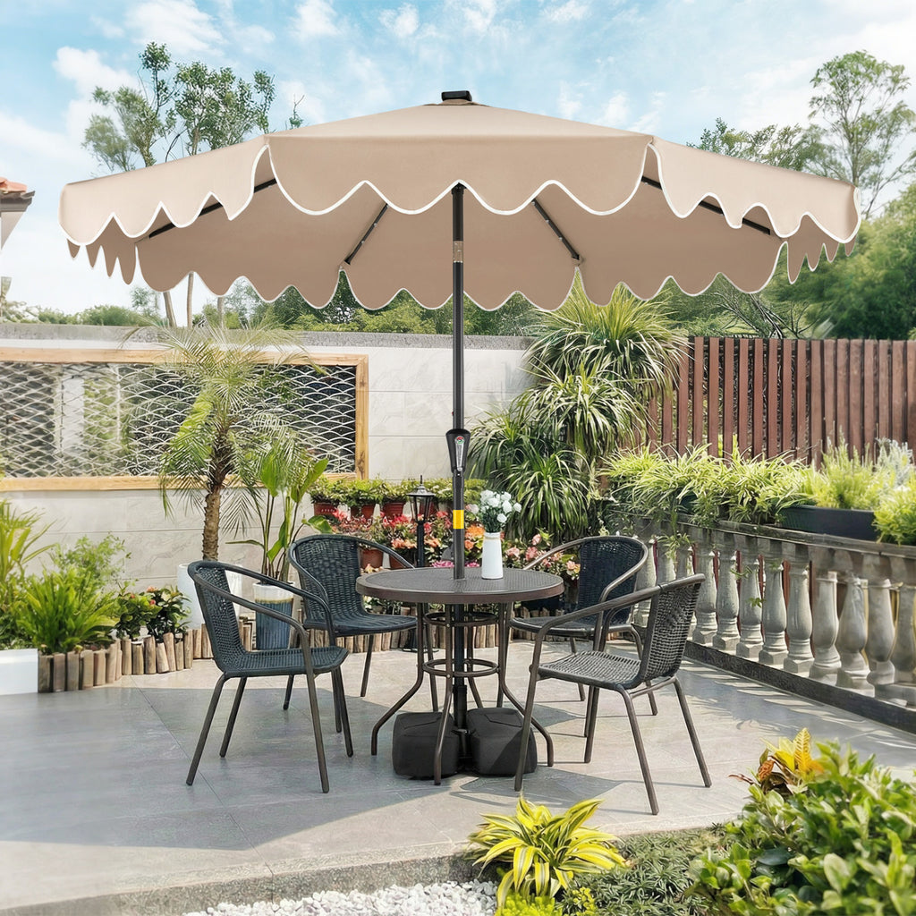 9 FT Patio Umbrella with Solar LED Lights & Weighted Base, Brown