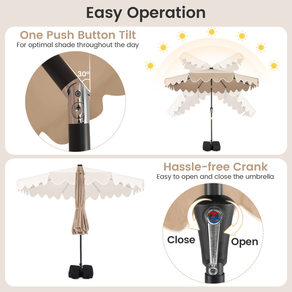 9 FT Patio Umbrella with Solar LED Lights & Weighted Base, Brown