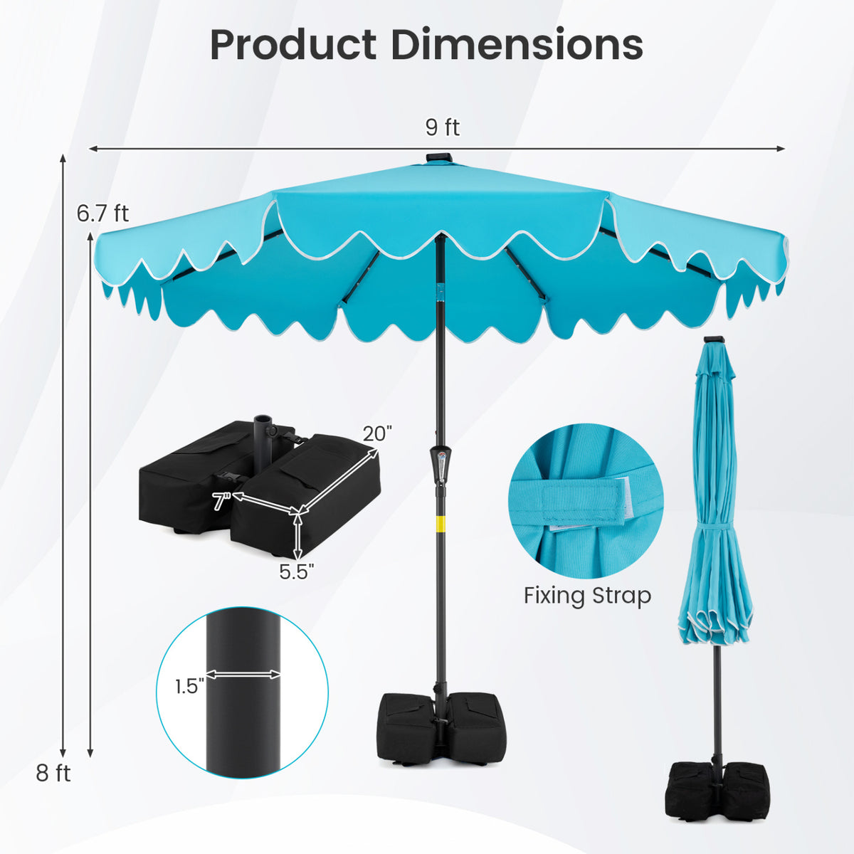 9 FT Solar LED Patio Umbrella with Weighted Base, Turquoise