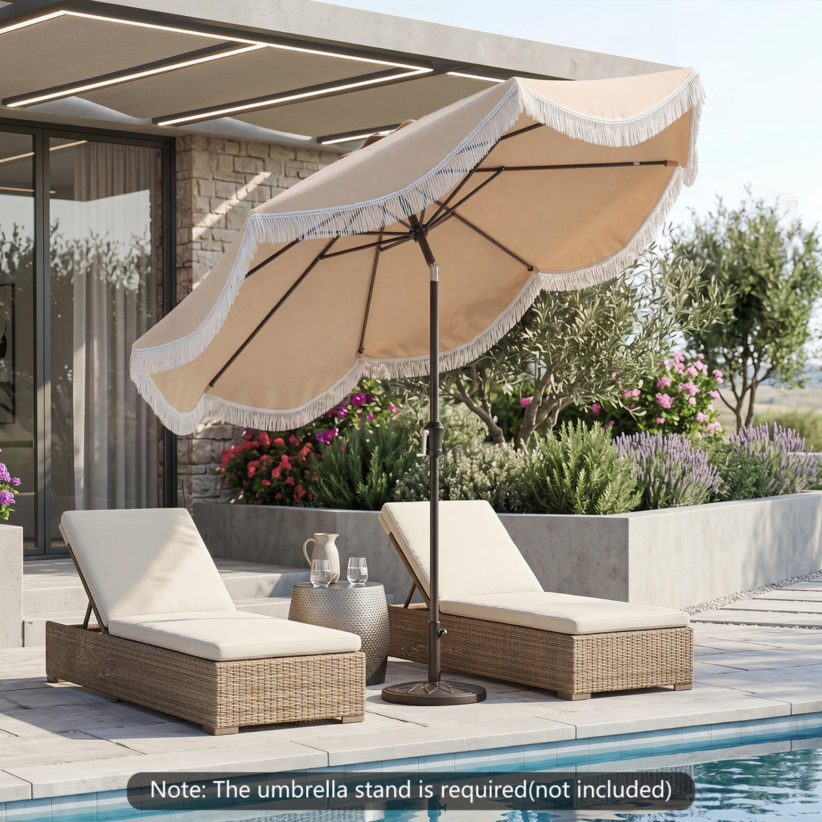 9 FT Patio Umbrella with Fringe Outdoor Tassel Push Button Tilt