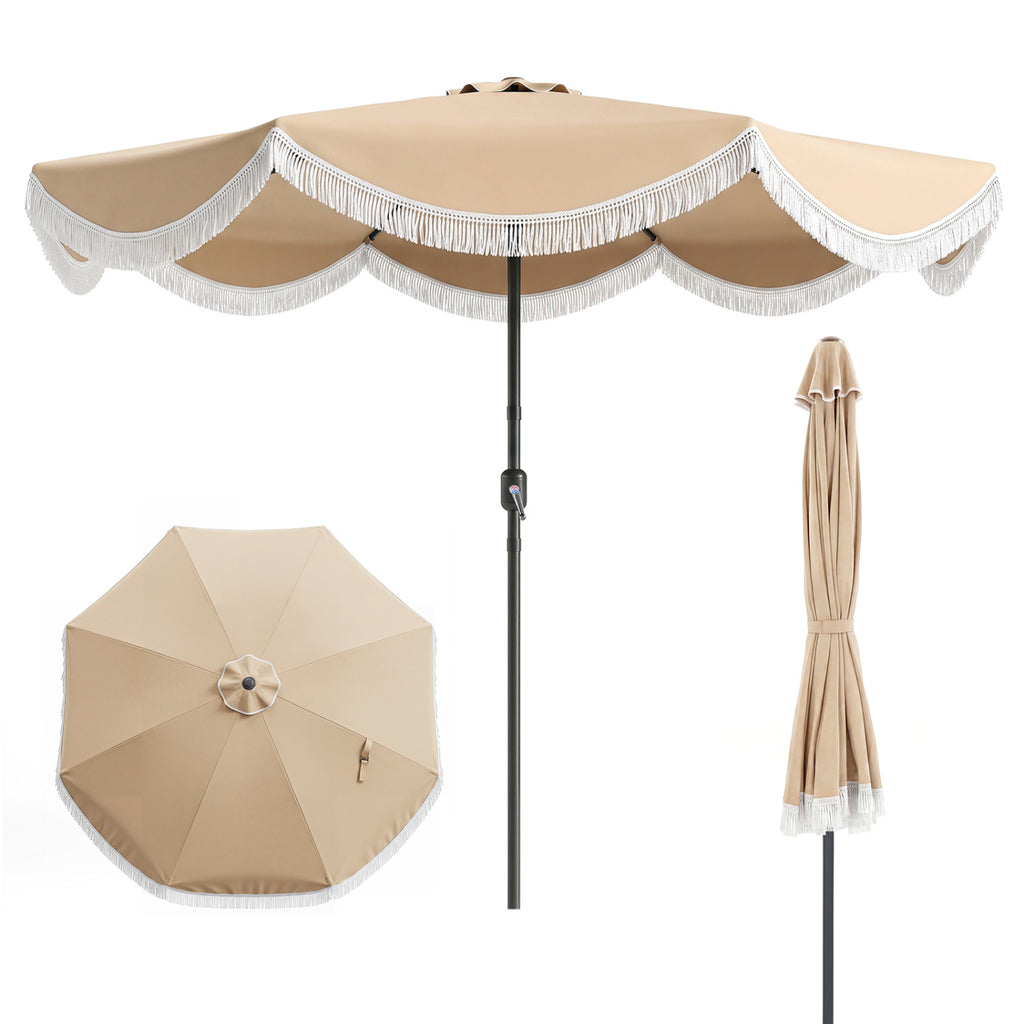 9 FT Patio Umbrella with Fringe Outdoor Tassel Push Button Tilt