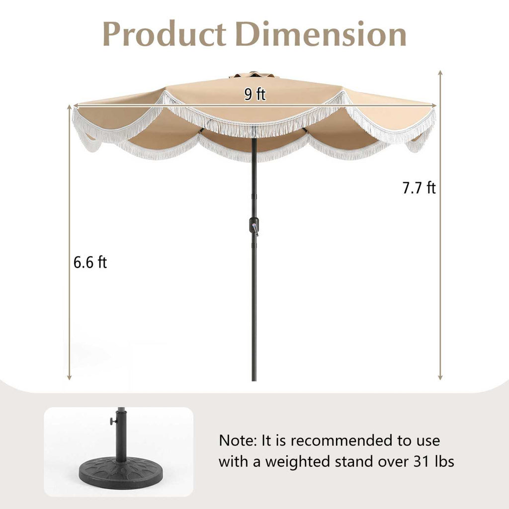 9 FT Patio Umbrella with Fringe Outdoor Tassel Push Button Tilt