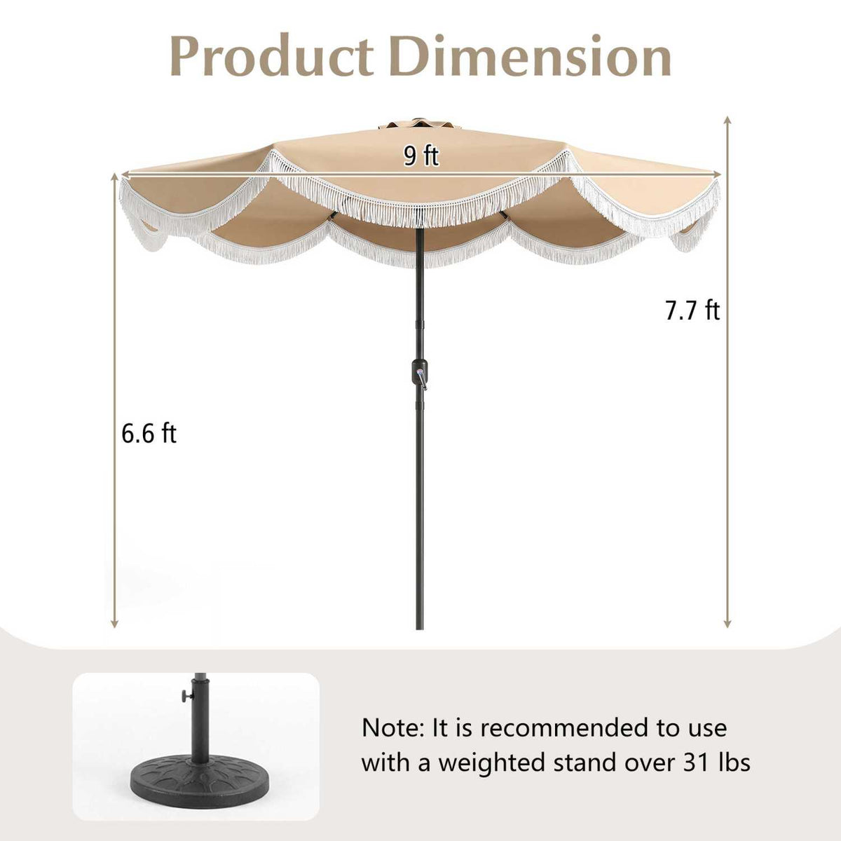 9 FT Patio Umbrella with Fringe Outdoor Tassel Push Button Tilt
