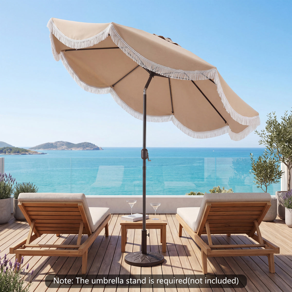9 FT Patio Umbrella with Fringe Outdoor Tassel Push Button Tilt