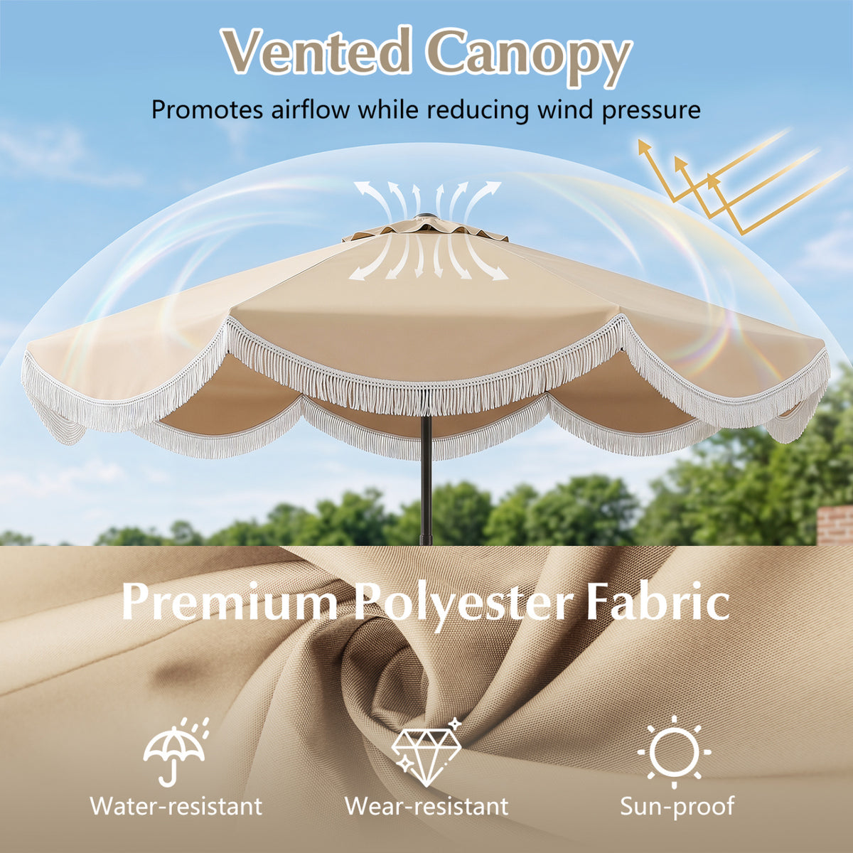 9 FT Patio Umbrella with Fringe Outdoor Tassel Push Button Tilt