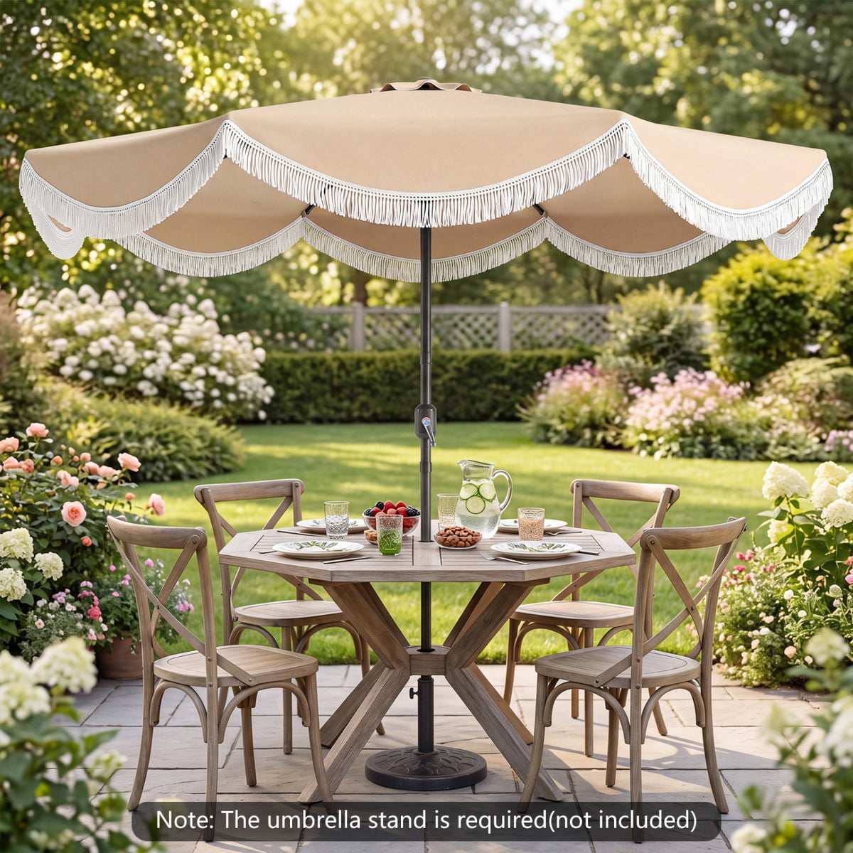 9 FT Patio Umbrella with Fringe Outdoor Tassel Push Button Tilt
