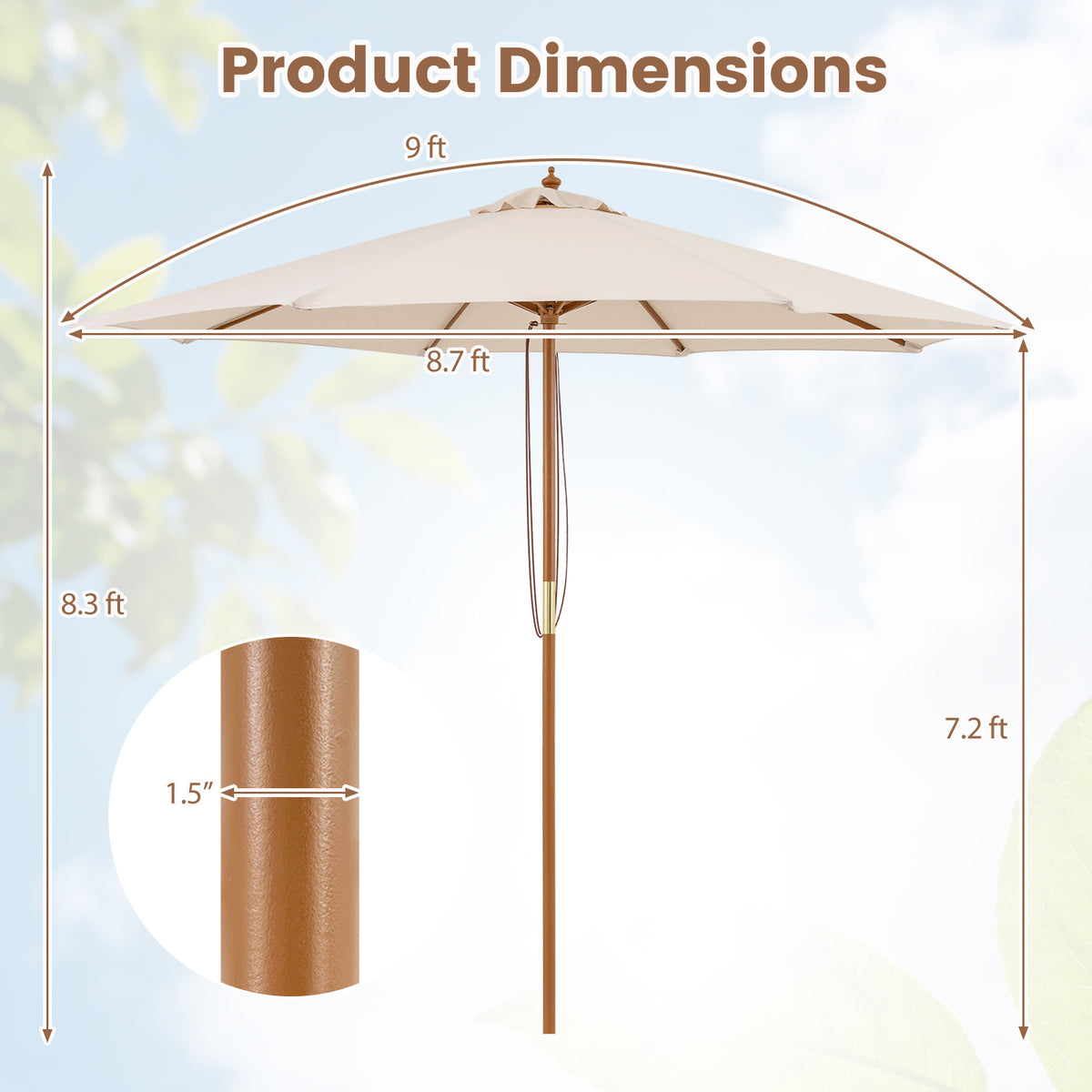 9 FT Patio Umbrella Outdoor Table Market with 8 Sturdy Bamboo Ribs