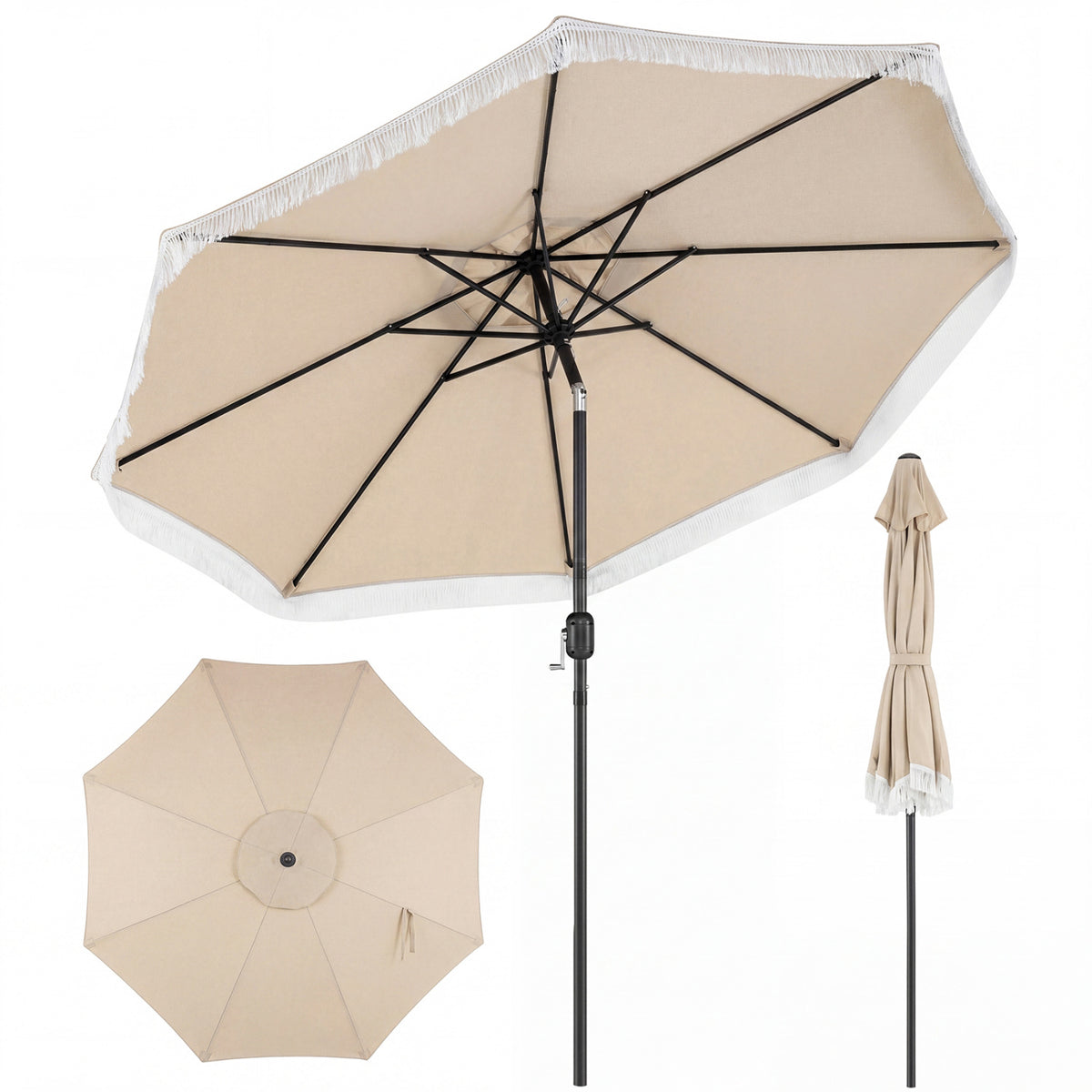 9 x 8.1 FT Patio Umbrella with Crank Handle, Beige with Tassels