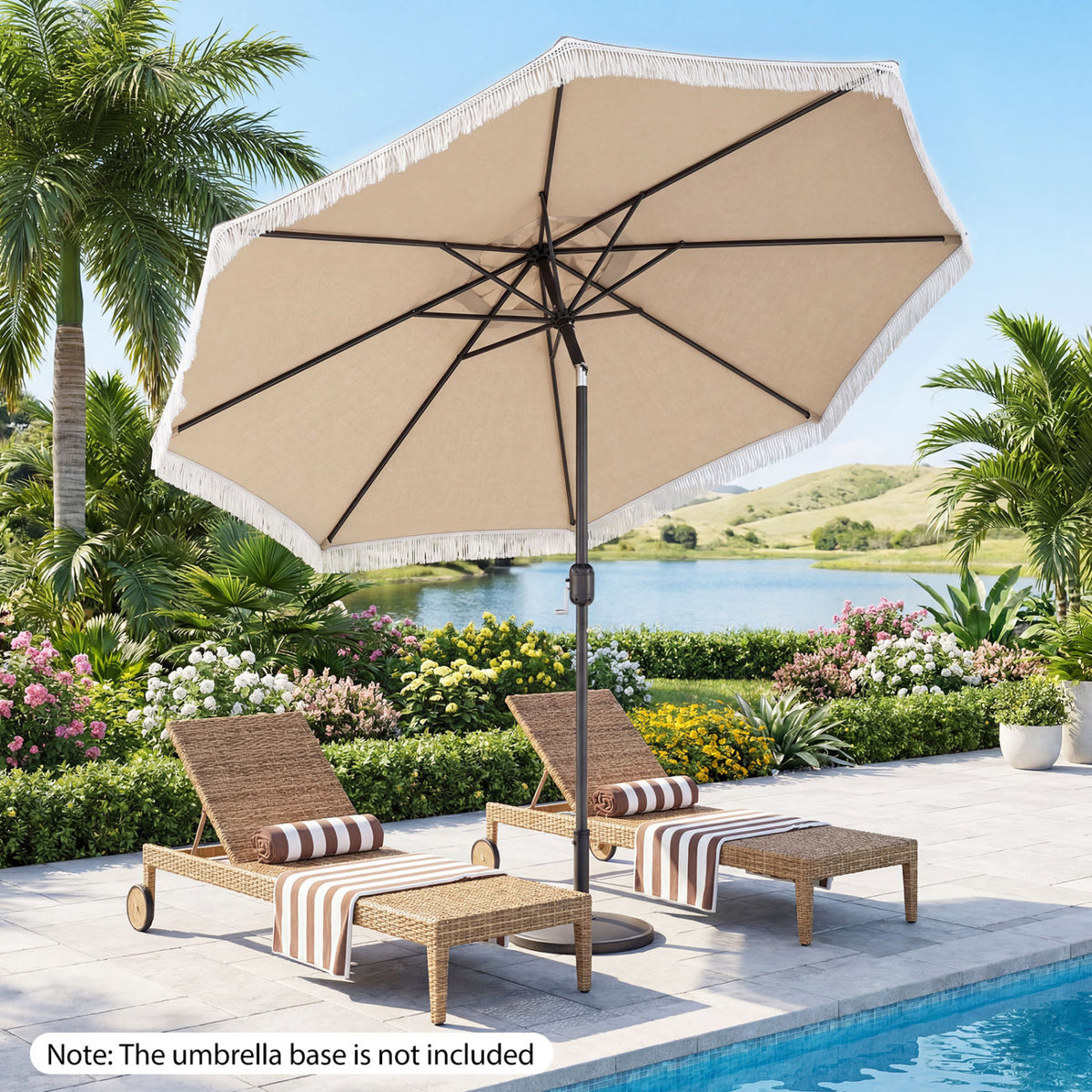 9 x 8.1 FT Patio Umbrella with Crank Handle, Beige with Tassels