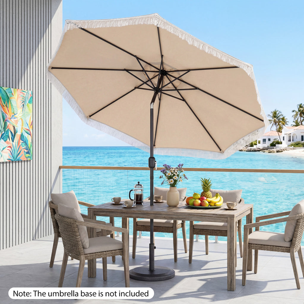 9 x 8.1 FT Patio Umbrella with Crank Handle, Beige with Tassels
