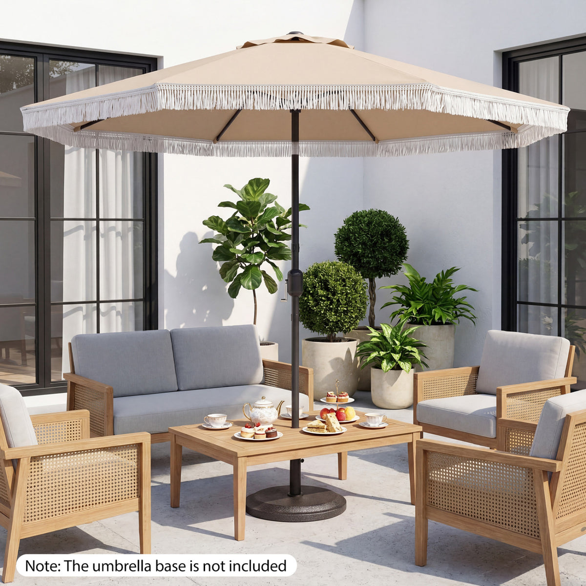 9 x 8.1 FT Patio Umbrella with Crank Handle, Beige with Tassels