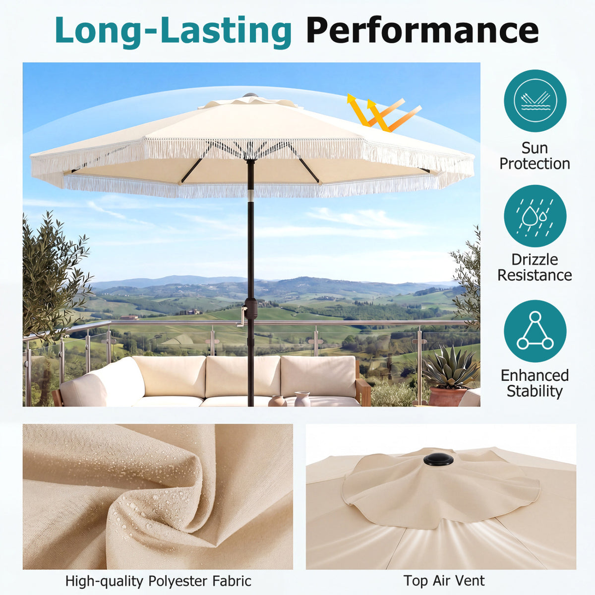 9 x 8.1 FT Patio Umbrella with Crank Handle, Beige with Tassels