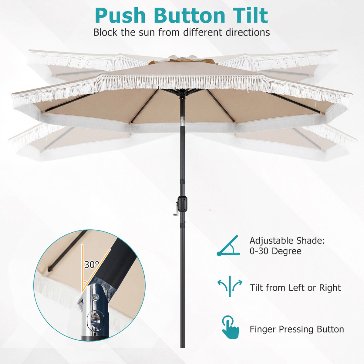 9 x 8.1 FT Patio Umbrella with Crank Handle, Beige with Tassels