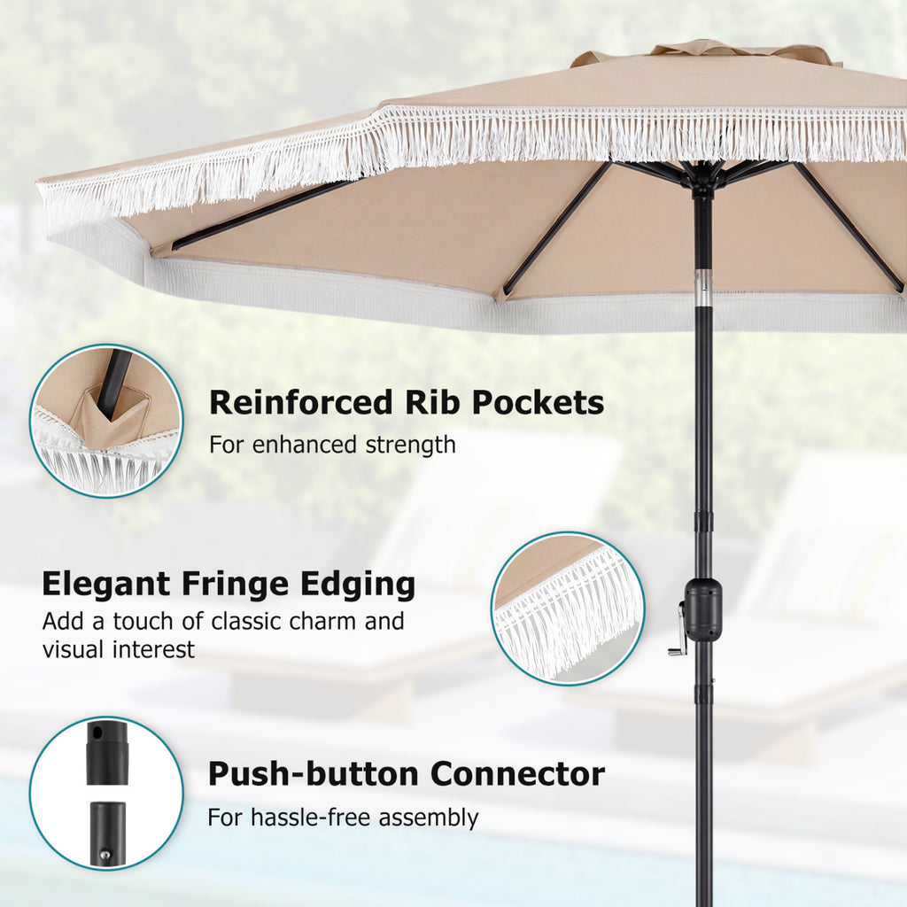 9 x 8.1 FT Patio Umbrella with Crank Handle, Beige with Tassels