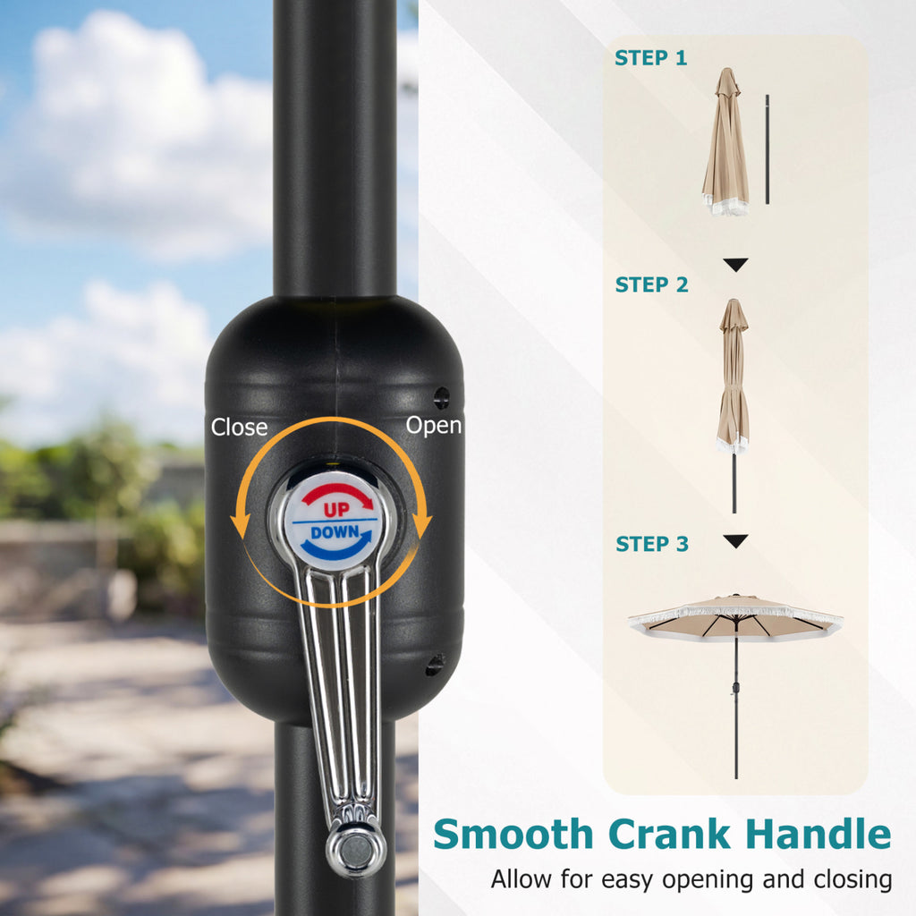 9 x 8.1 FT Patio Umbrella with Crank Handle, Beige with Tassels