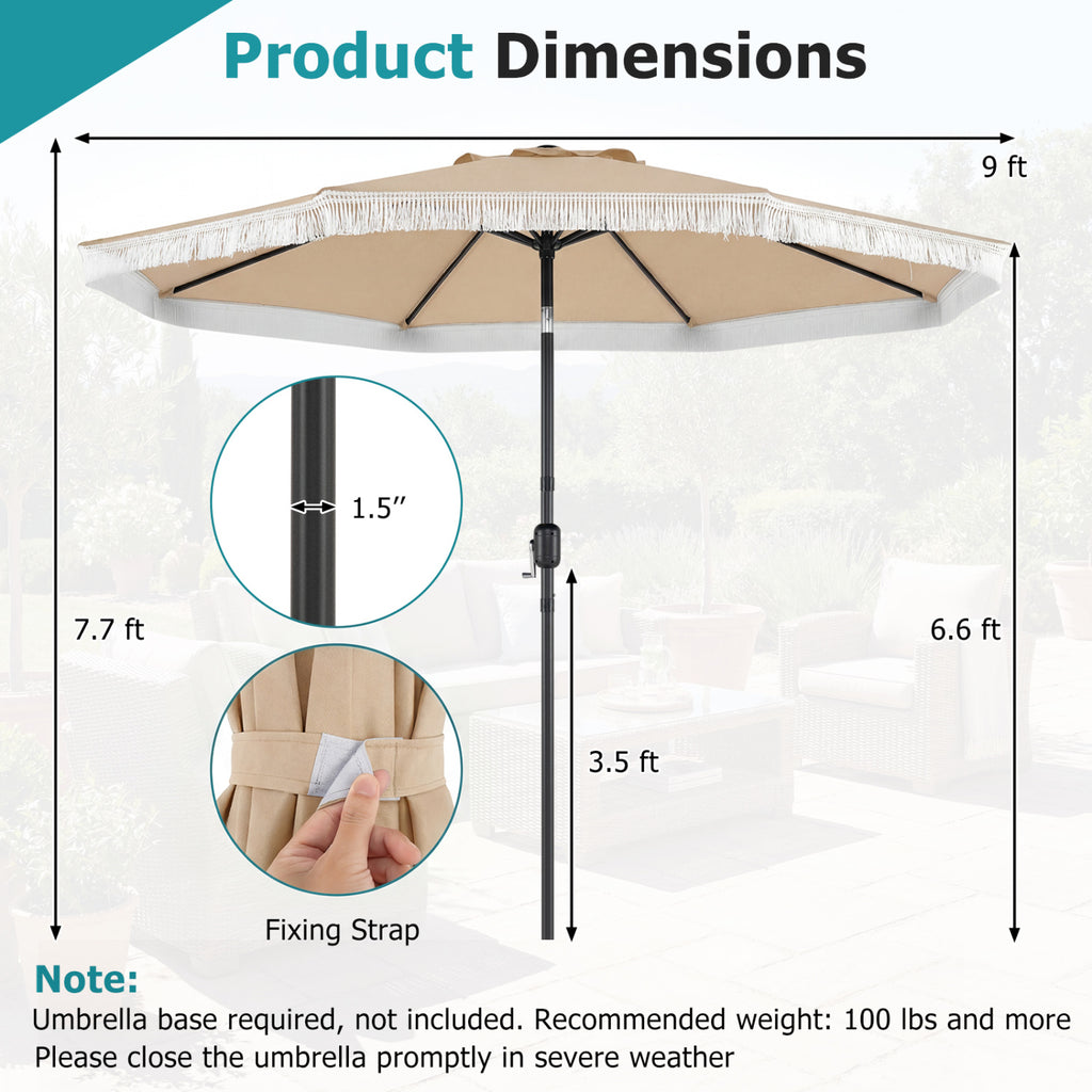 9 x 8.1 FT Patio Umbrella with Crank Handle, Beige with Tassels