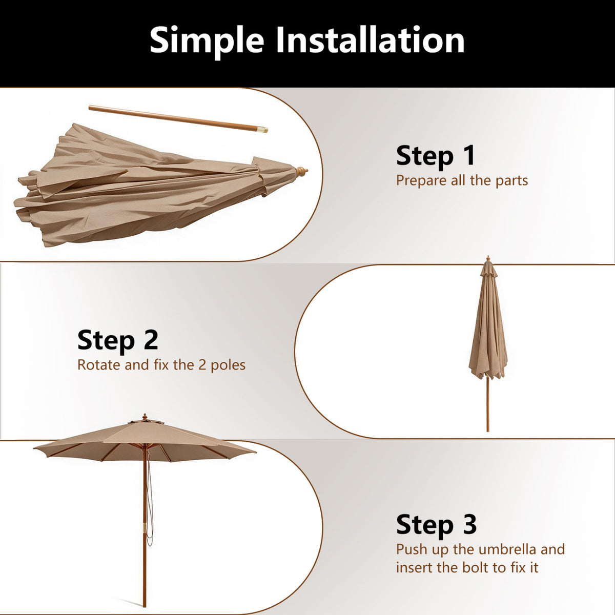 9 FT Patio Umbrella Outdoor Table Market with 8 Sturdy Bamboo Ribs